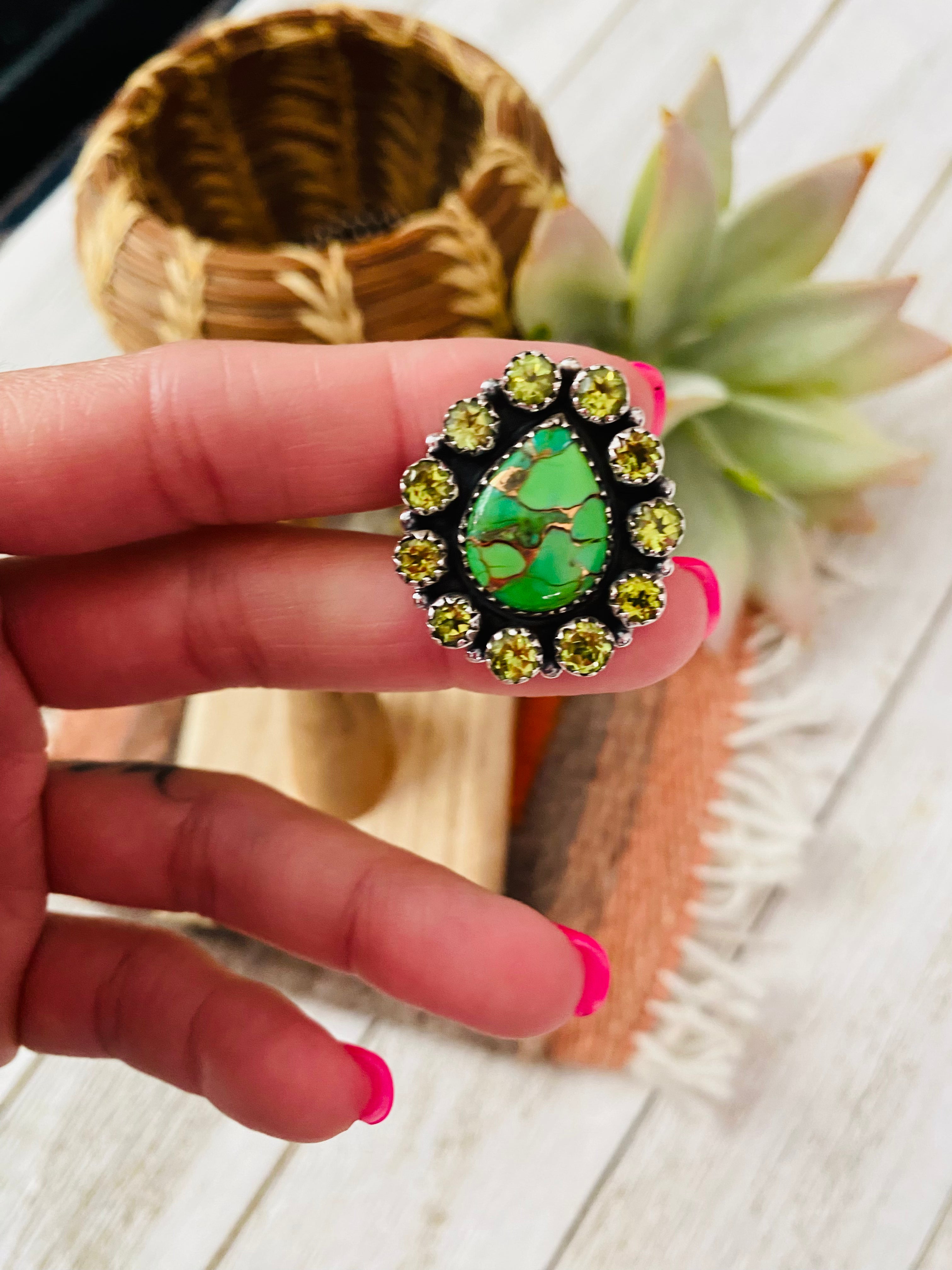 Handmade Sterling Silver, Green Mohave & Peridot Cluster Adjustable Ring