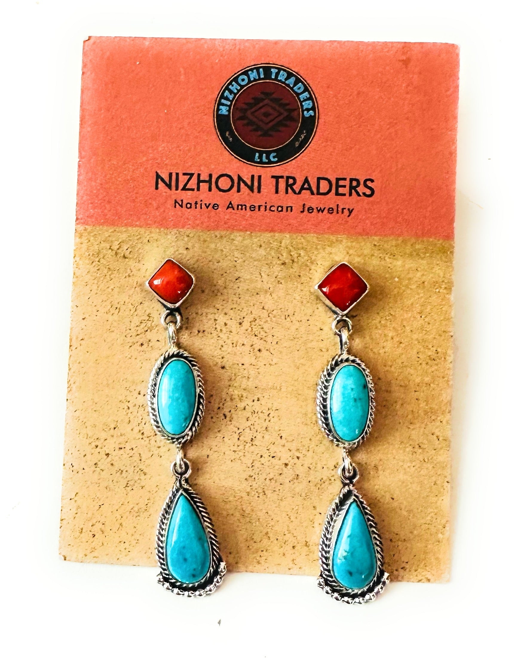Handcrafted Turquoise, Coral & Sterling Silver Dangle Earrings