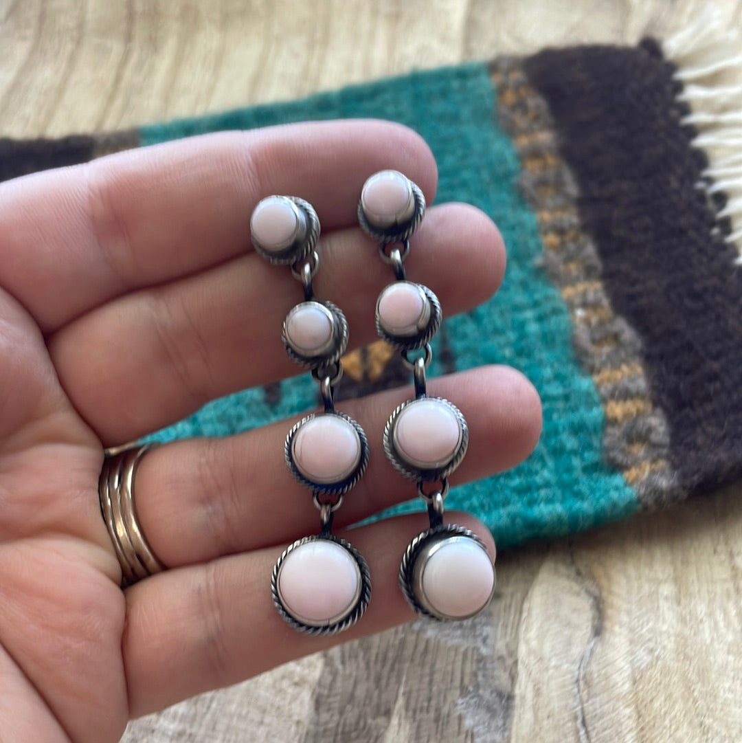 Handcrafted Sterling Silver Pink Conch Circle Dangle Earrings Signed