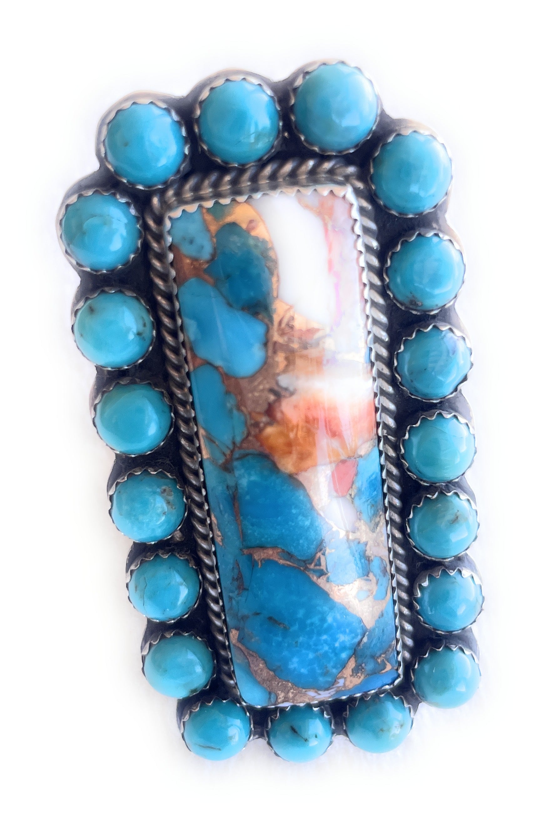 Handcrafted Turquoise, Orange Dream & Sterling Silver Adjustable Ring Signed P Yazzie