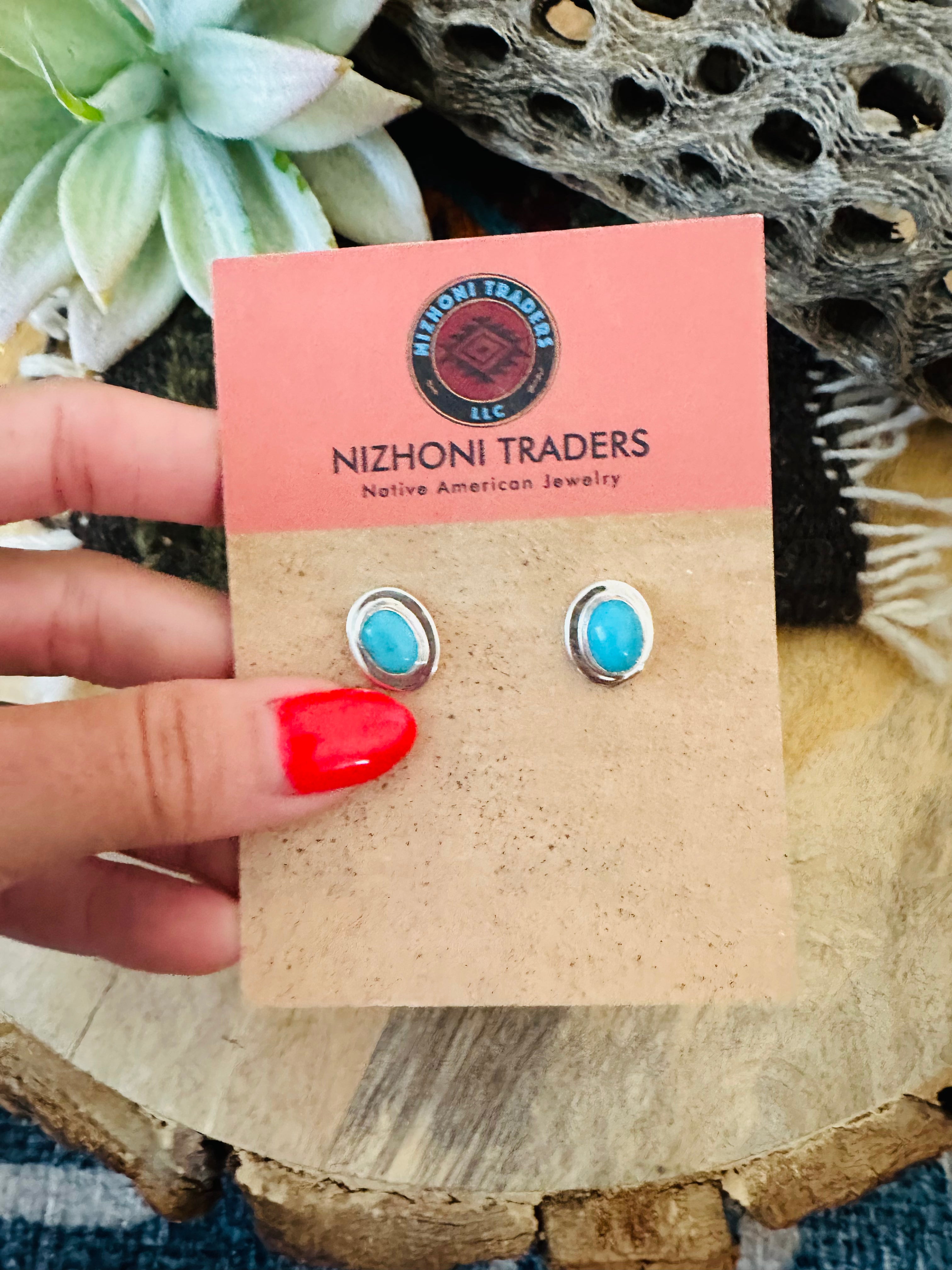 Handcrafted Turquoise & Sterling Silver Oval Stud Earrings