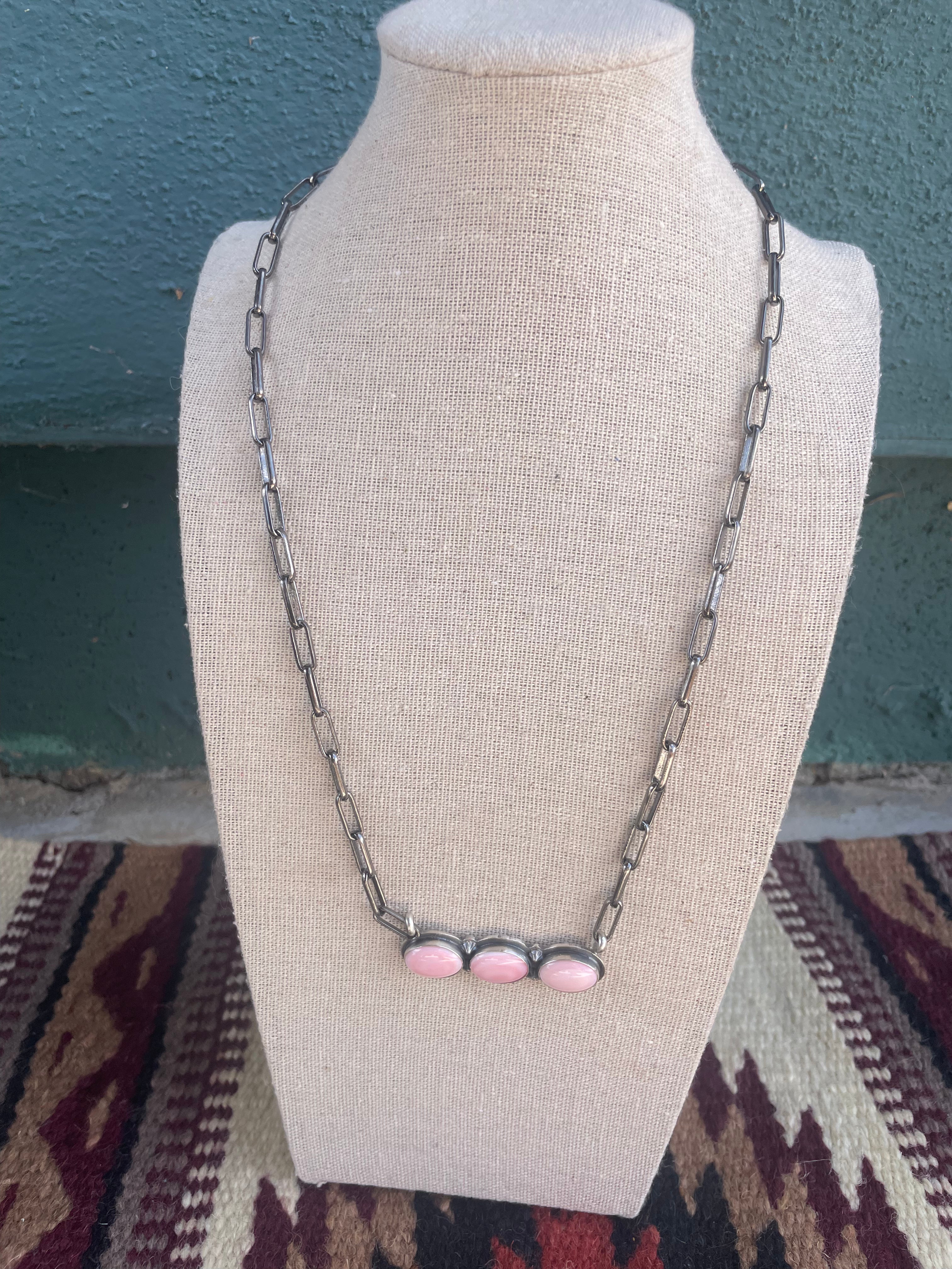 Handcrafted Queen Pink Conch Shell And Sterling Silver 3 Stone Bar Necklace Signed