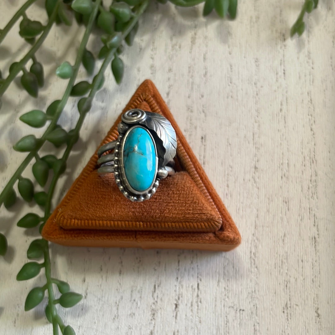 Handcrafted Turquoise & Sterling Silver Feather Ring Signed