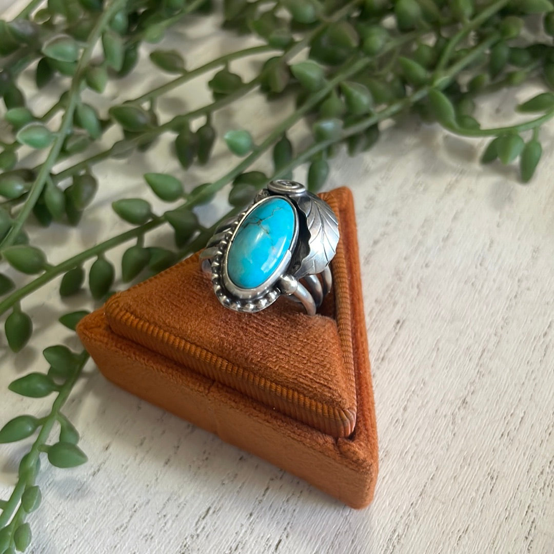 Handcrafted Turquoise & Sterling Silver Feather Ring Signed