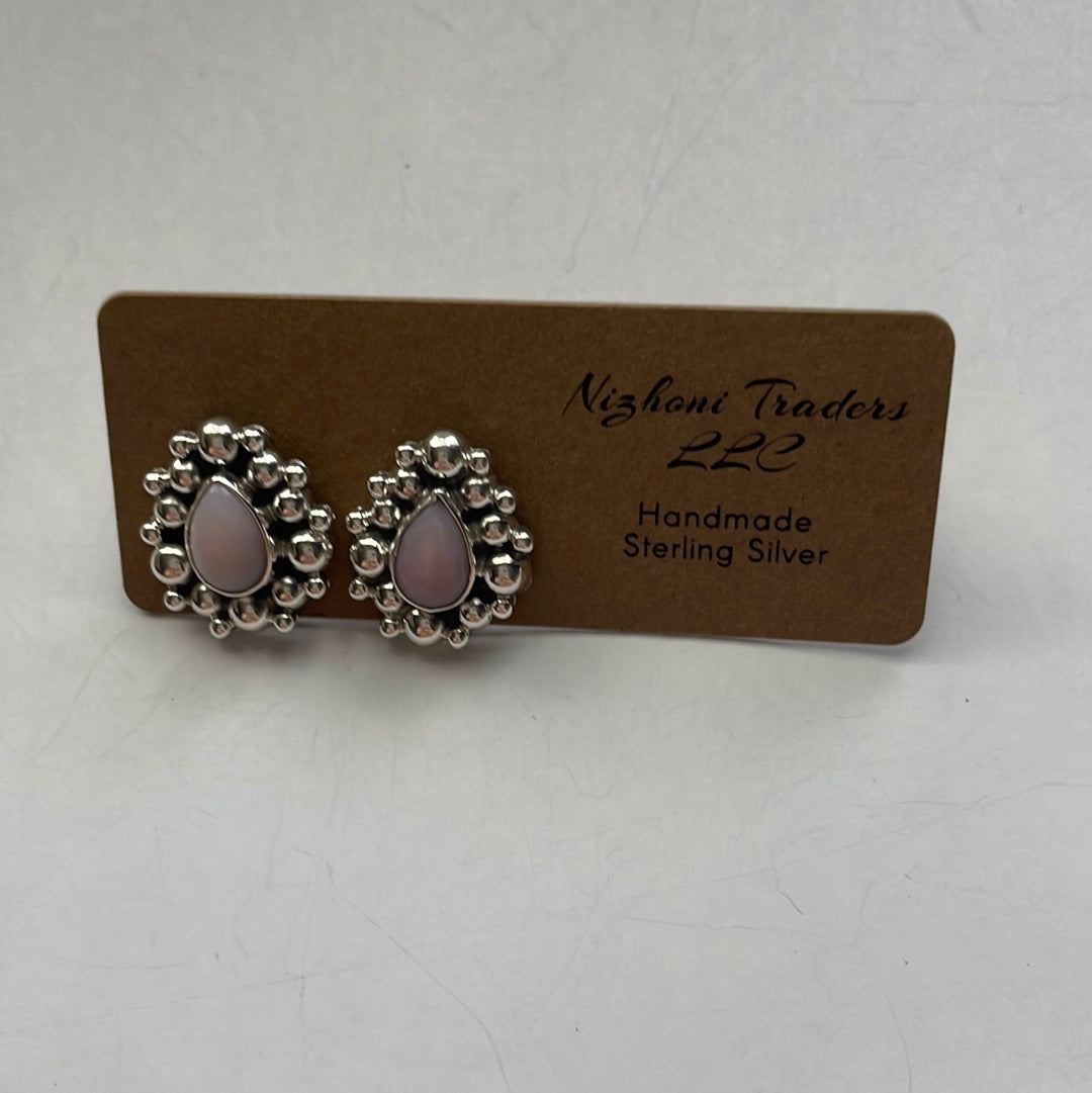 Handmade Pink Conch and Sterling Silver Tear Drop Stud Earrings Signed Nizhoni