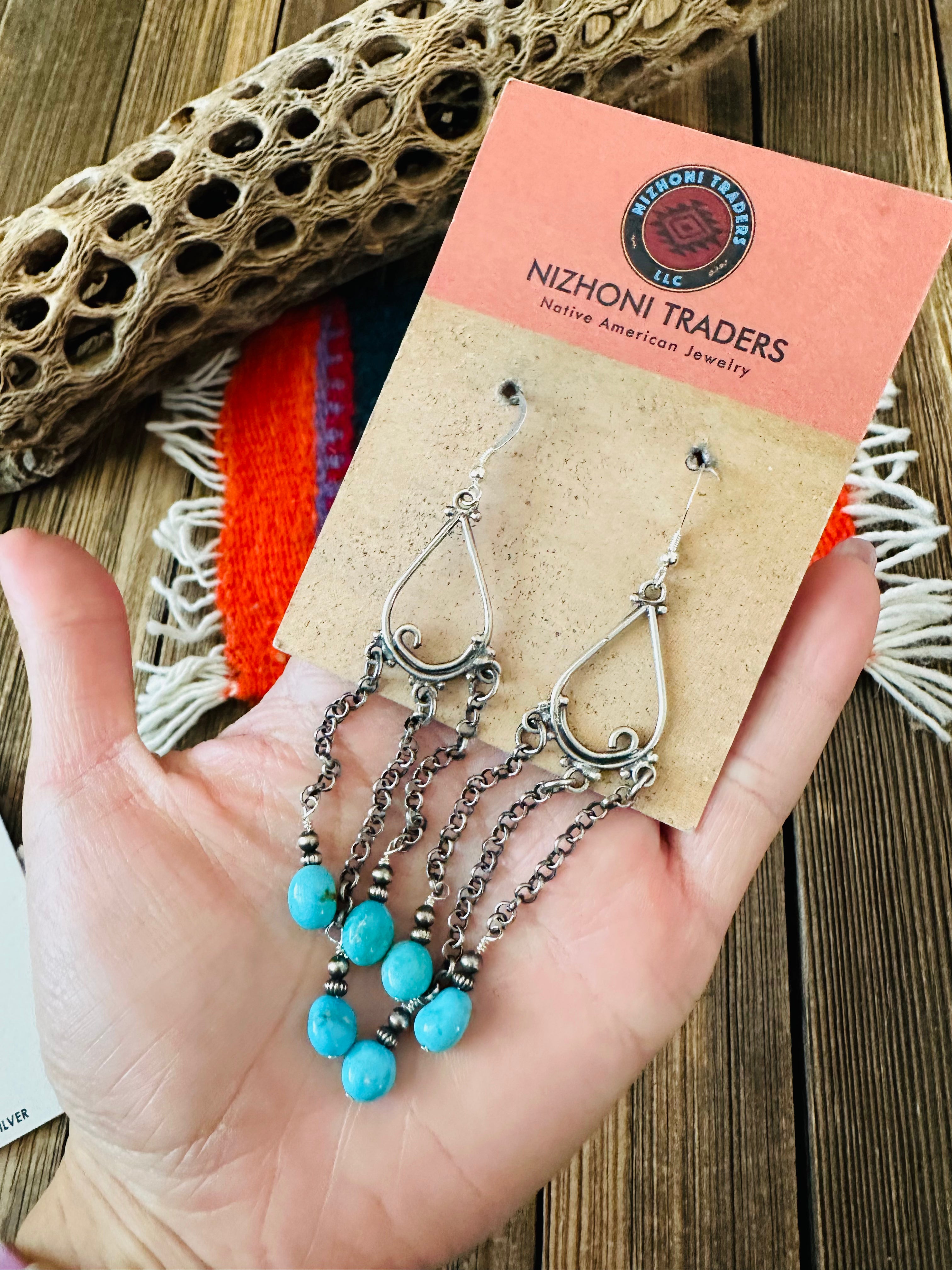 Handcrafted Sterling Silver & Turquoise Beaded Chain Dangle Earrings