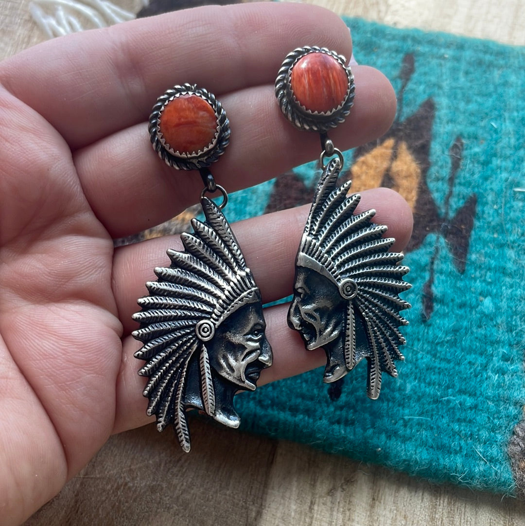 Beautiful Handcrafted Sterling Silver & Orange Spiny Dangle Chief Earrings Signed