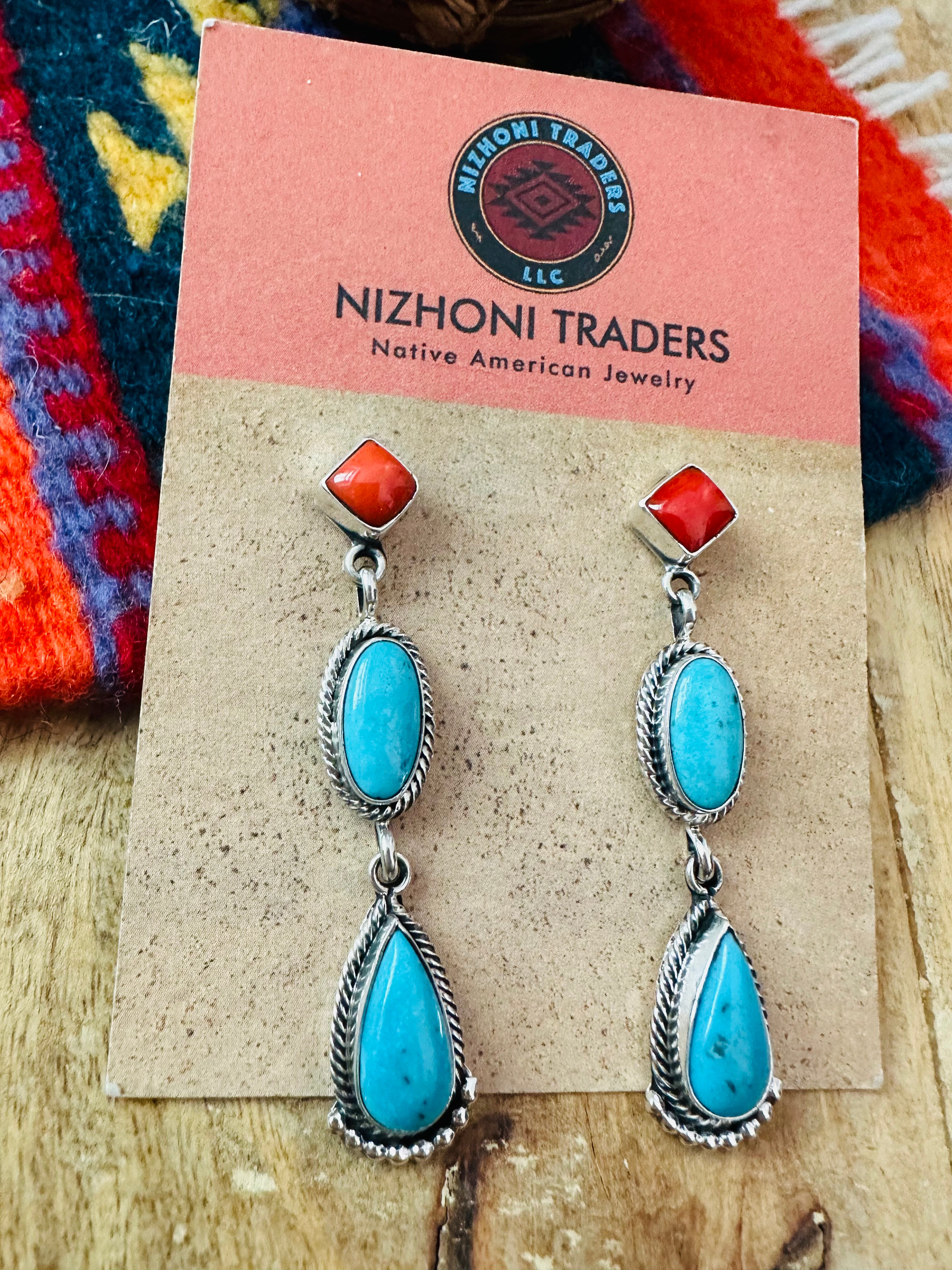 Handcrafted Turquoise, Coral & Sterling Silver Dangle Earrings