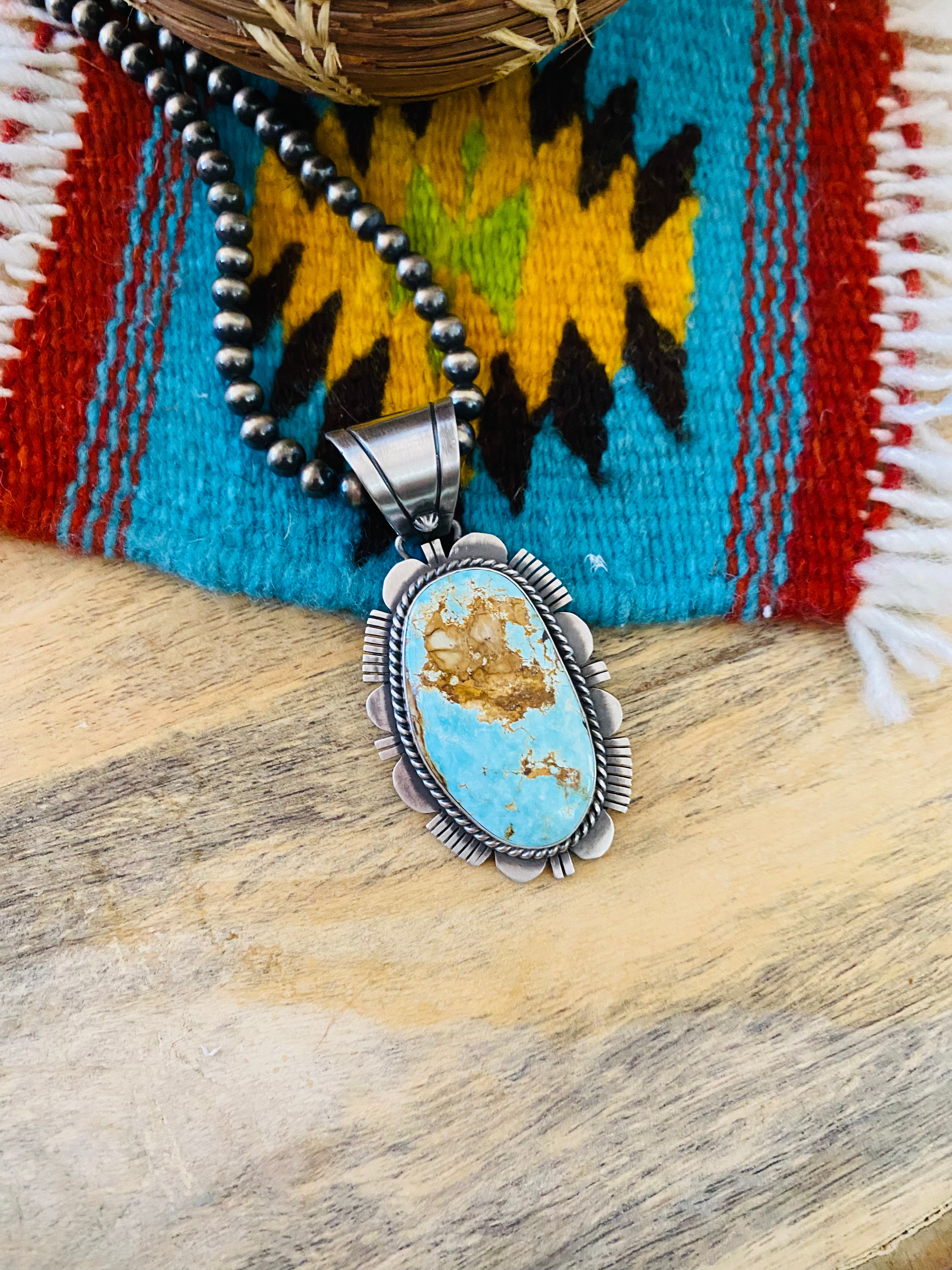 Handcrafted Royston Turquoise and Sterling Silver Pendant by Russell Sam