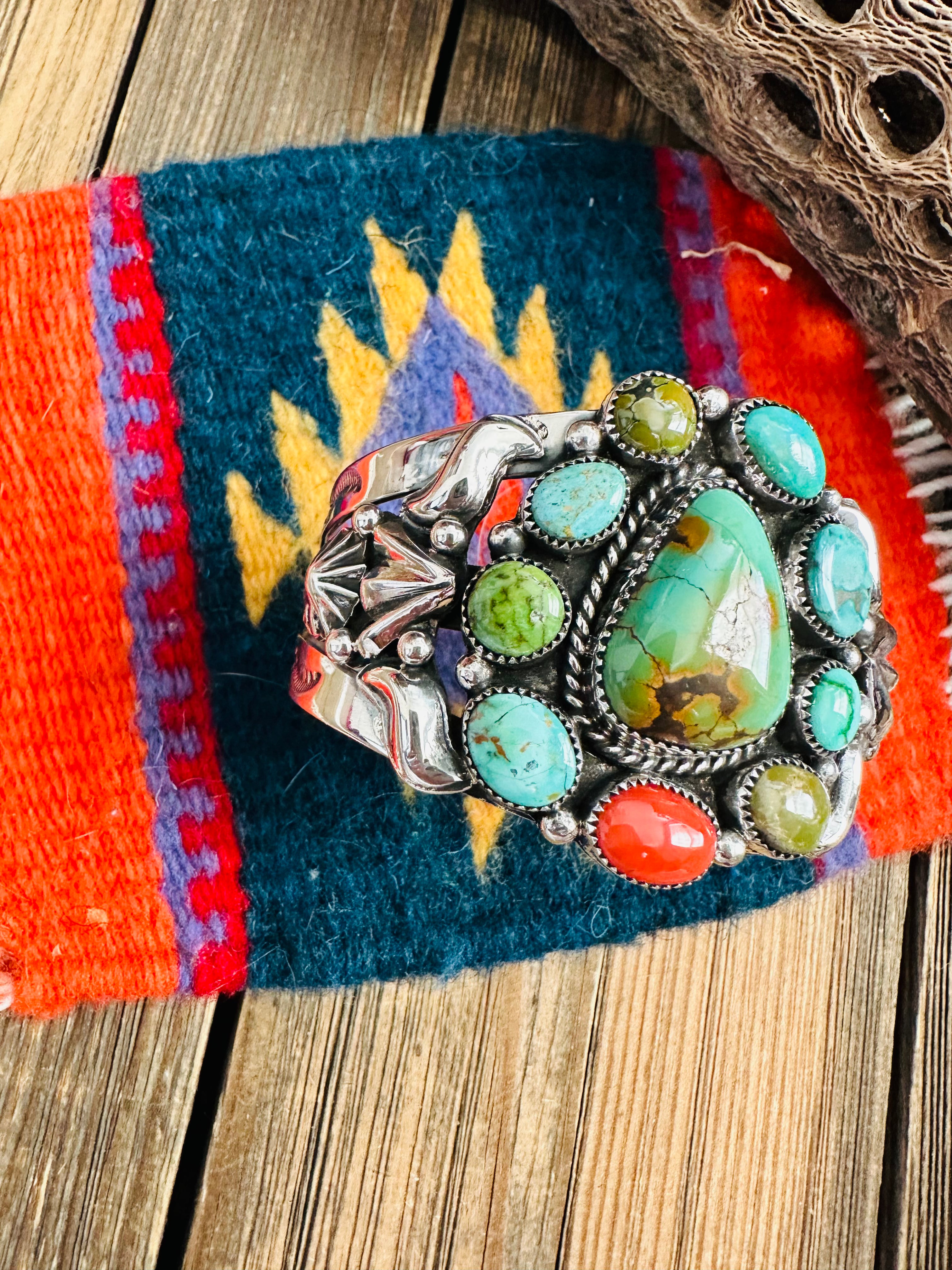 Navajo Old Pawn Turquoise, Coral & Sterling Silver Cuff Bracelet /