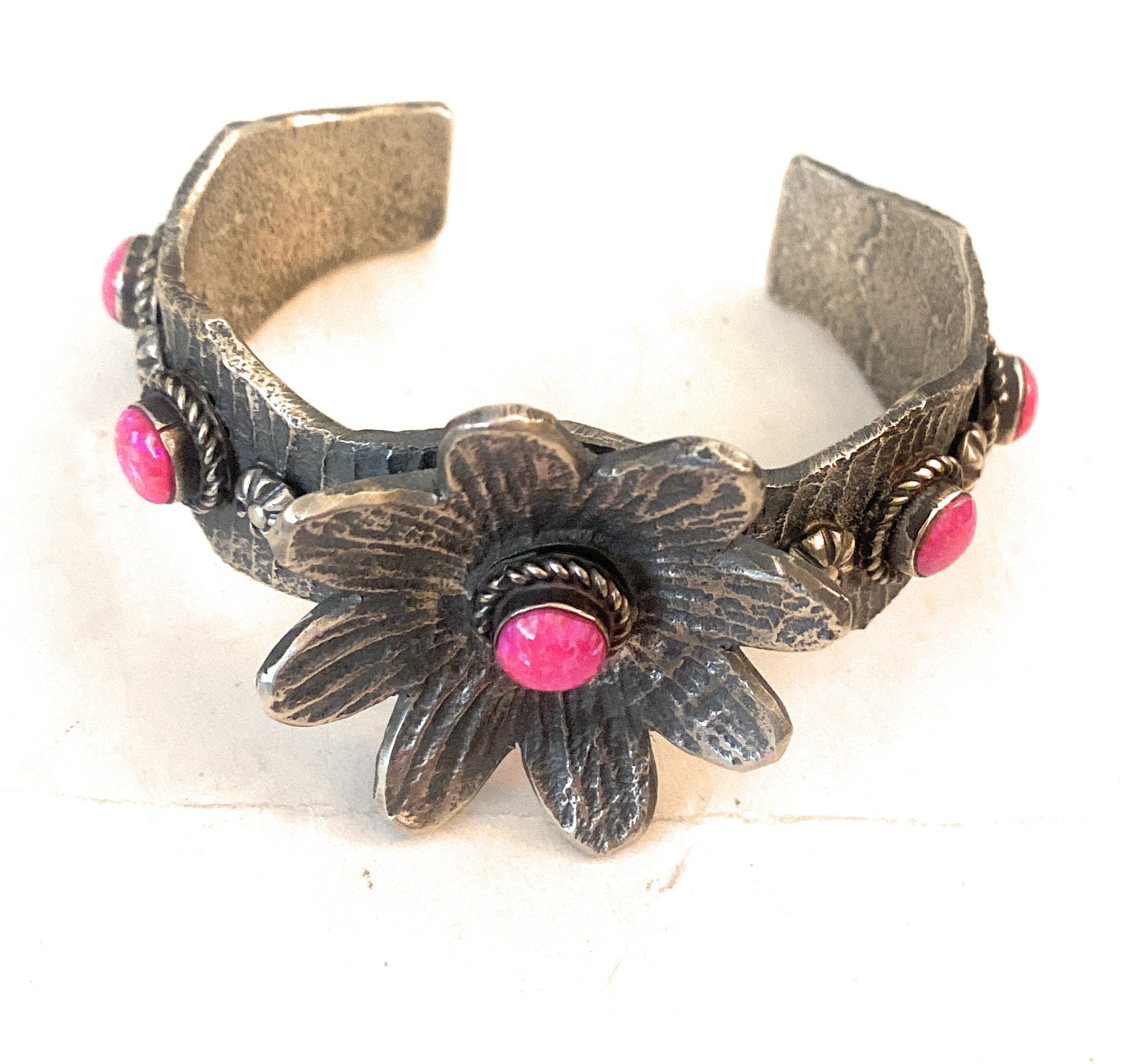 Navajo Pink Opal & Sterling Silver Flower Cuff Bracelet /