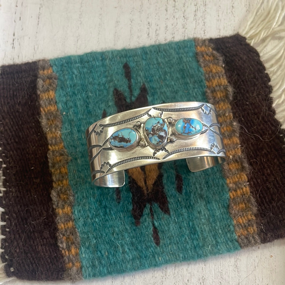 Handcrafted Golden Hills Turquoise & Sterling Silver Cuff Bracelet Signed /