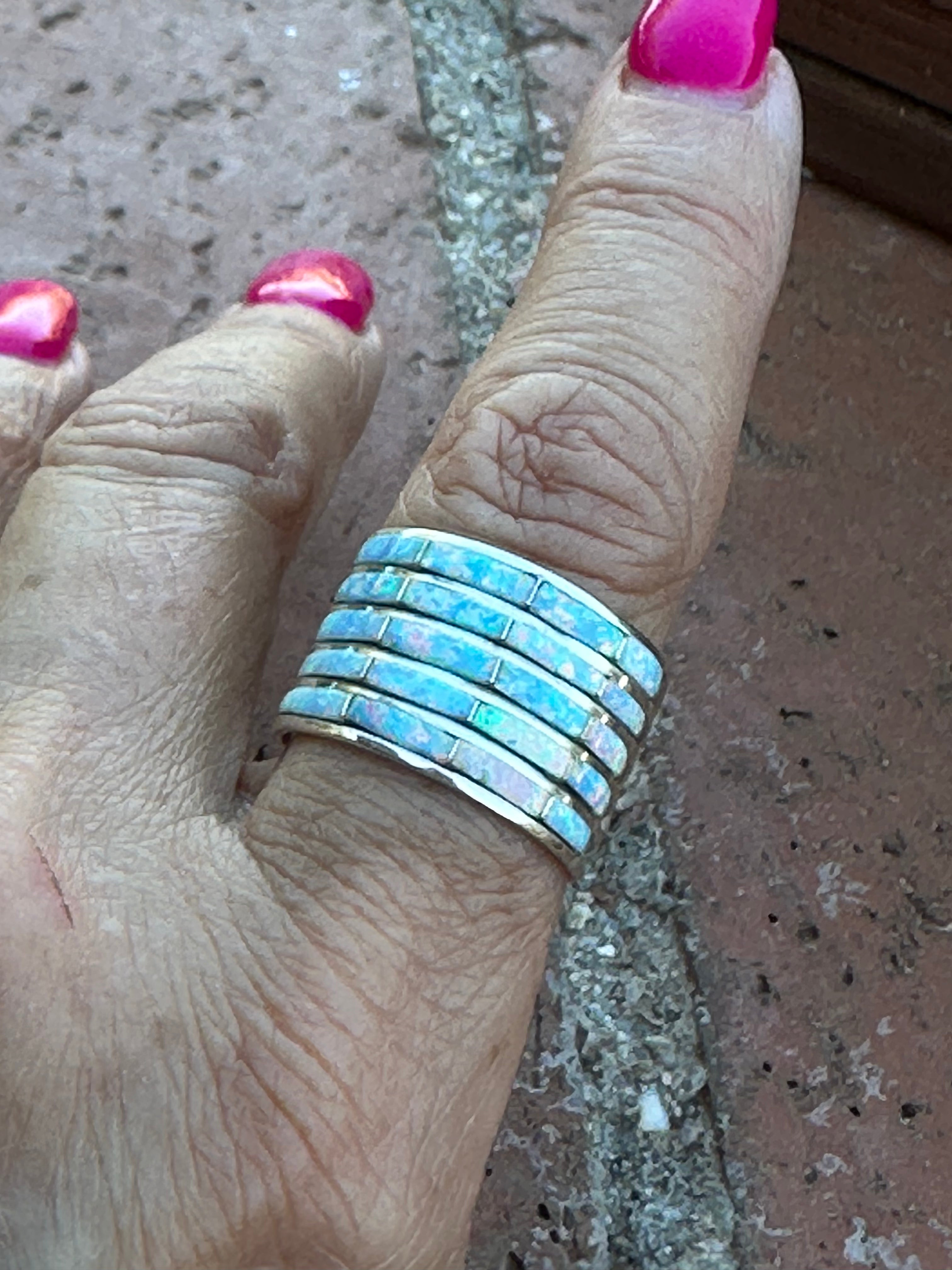 Handcrafted Sterling Silver & White Opal Inlayed Wide Stacker Ring