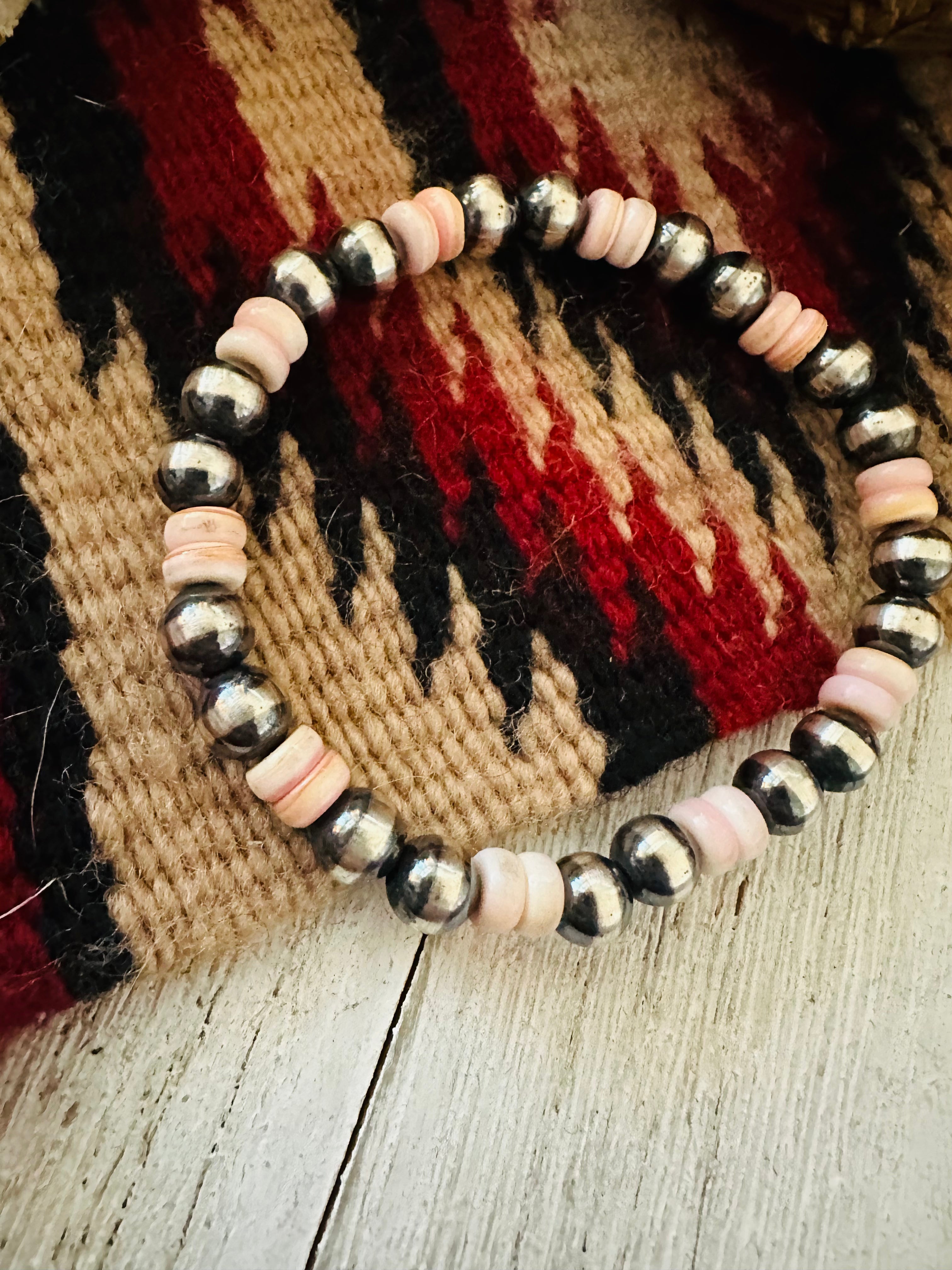 Handcrafted Queen Pink Conch Shell & Sterling Silver Beaded Stretch Bracelet