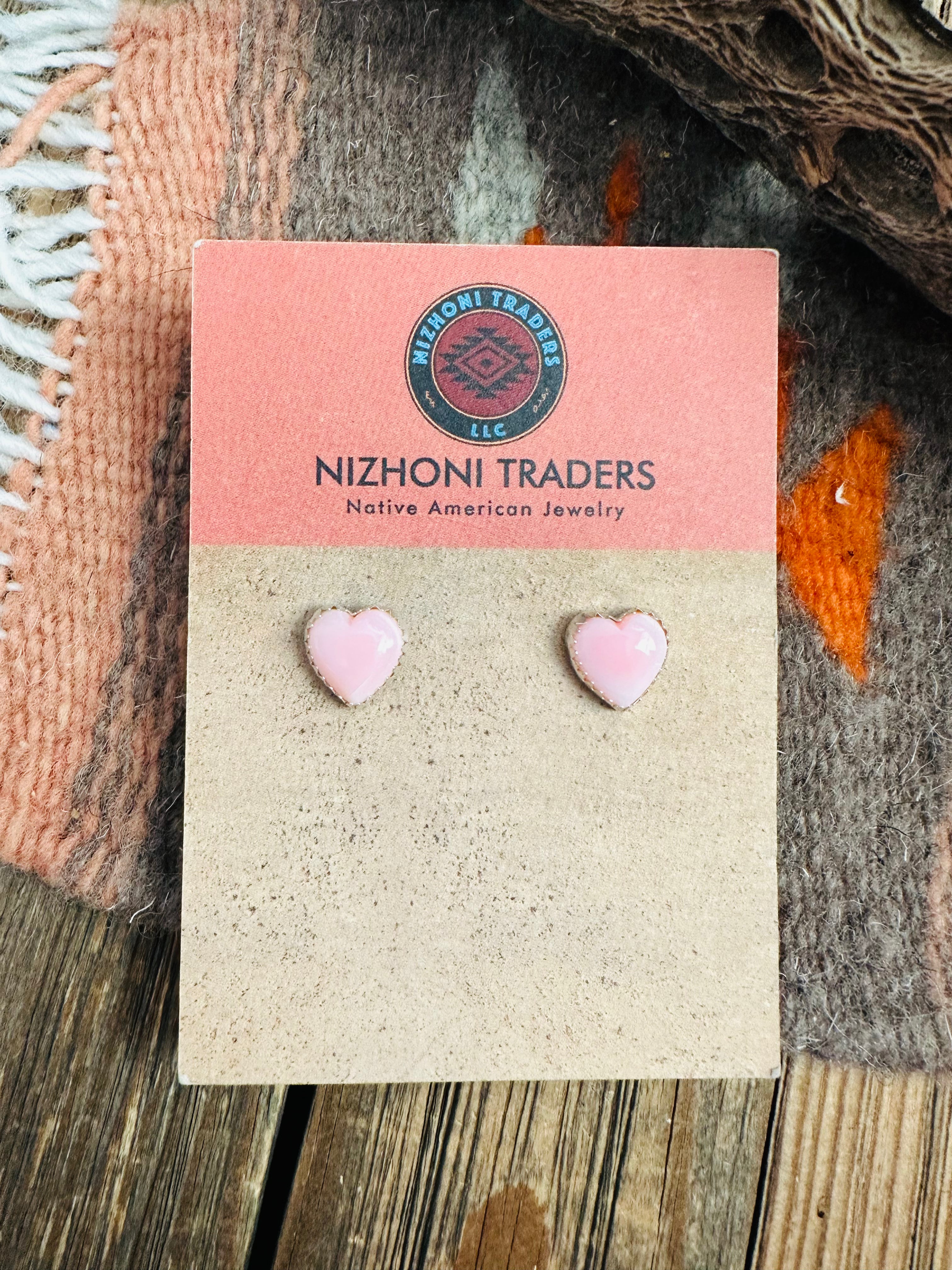 Handcrafted Queen Pink Conch & Sterling Silver Heart Stud Earrings