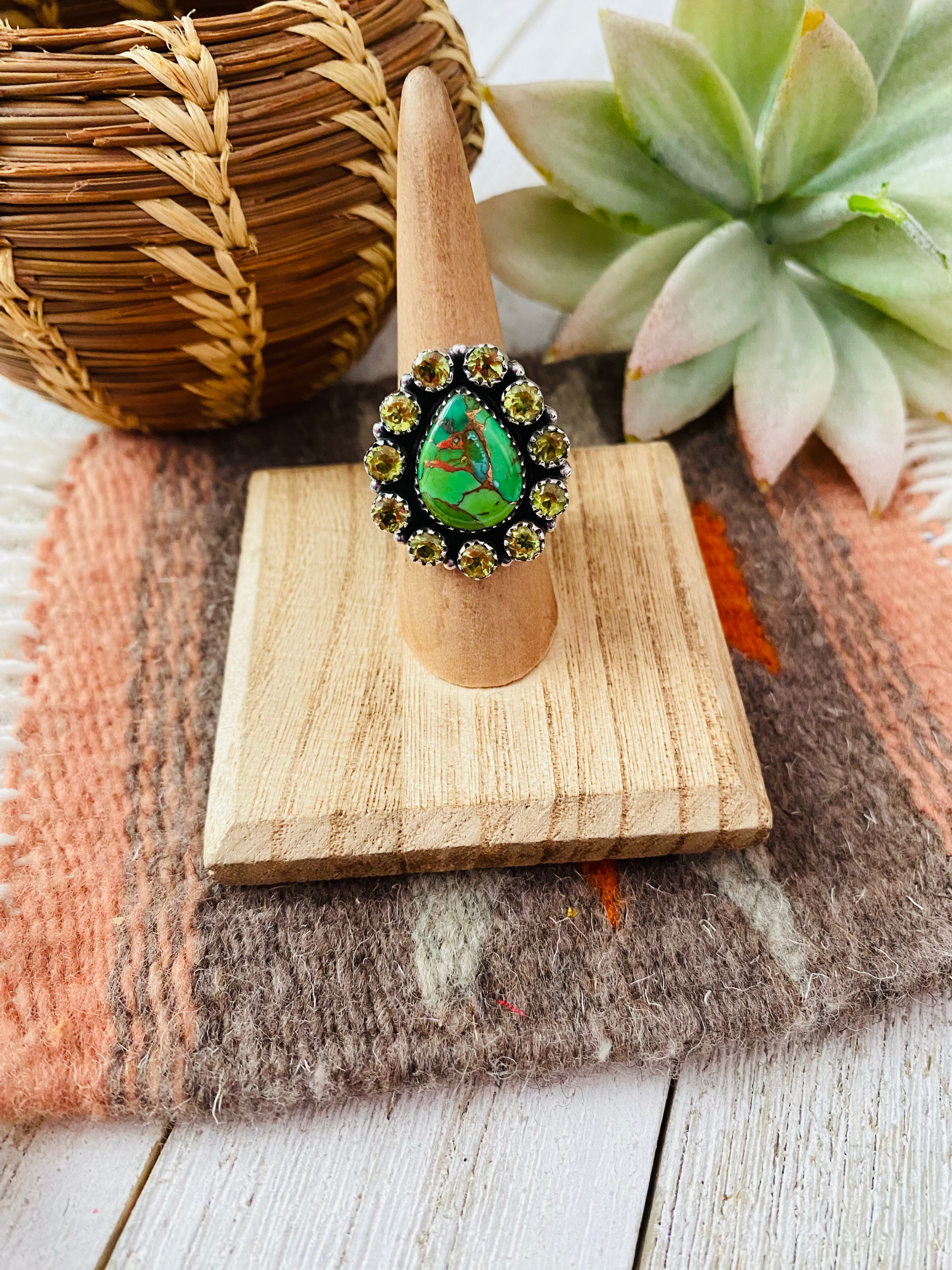 Handmade Sterling Silver, Green Mohave & Peridot Cluster Adjustable Ring