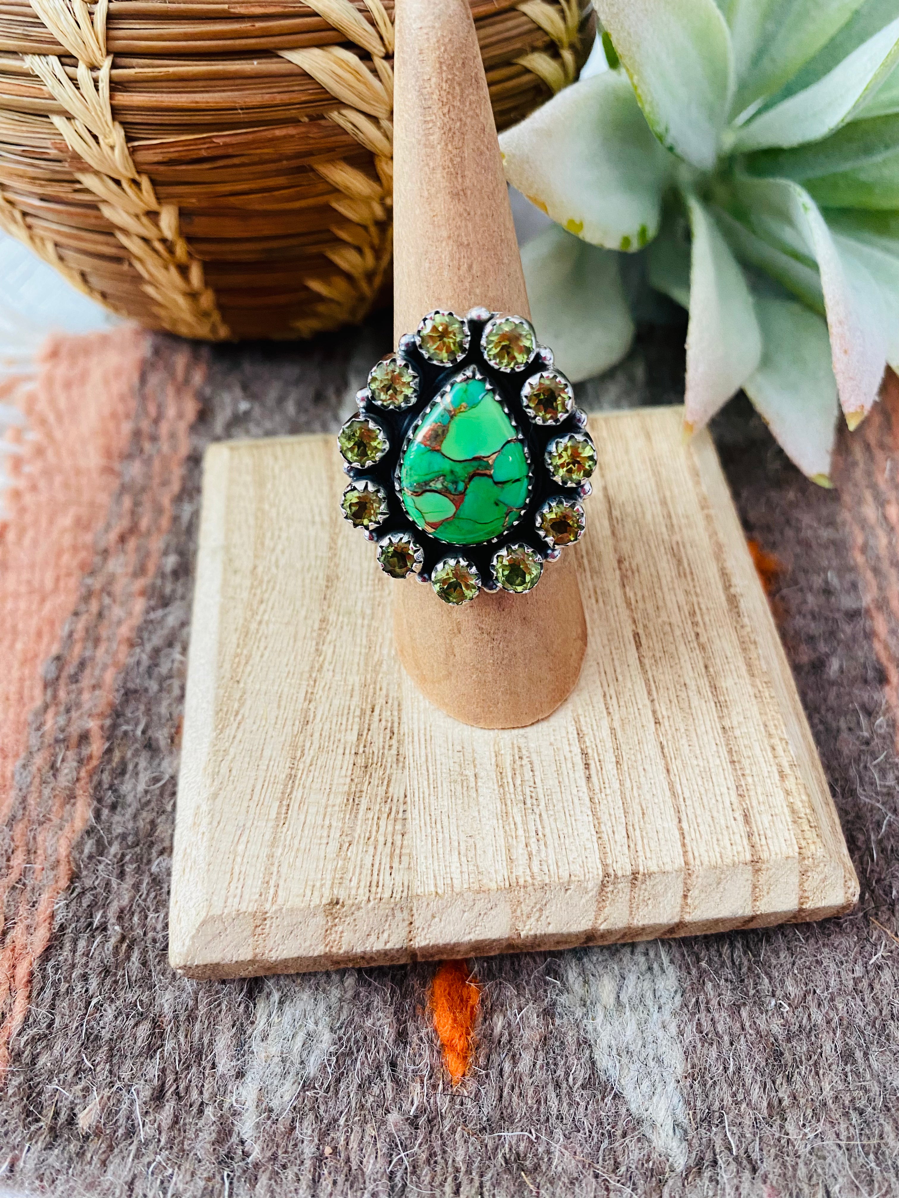 Handmade Sterling Silver, Green Mohave & Peridot Cluster Adjustable Ring