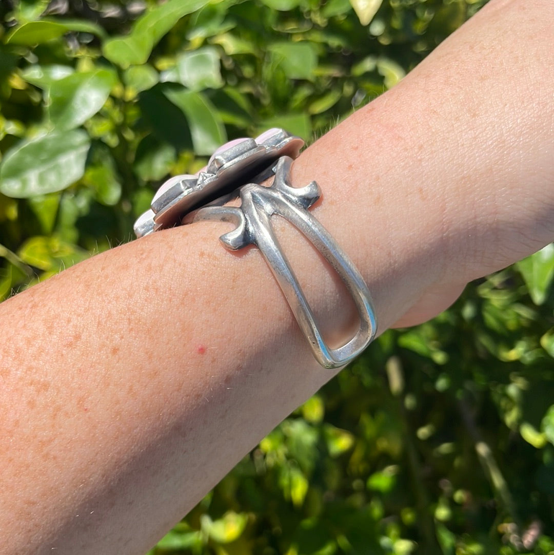 Handcrafted Queen Pink Conch Shell & Sterling Silver Cluster Cuff Bracelet Signed F.L Begay /