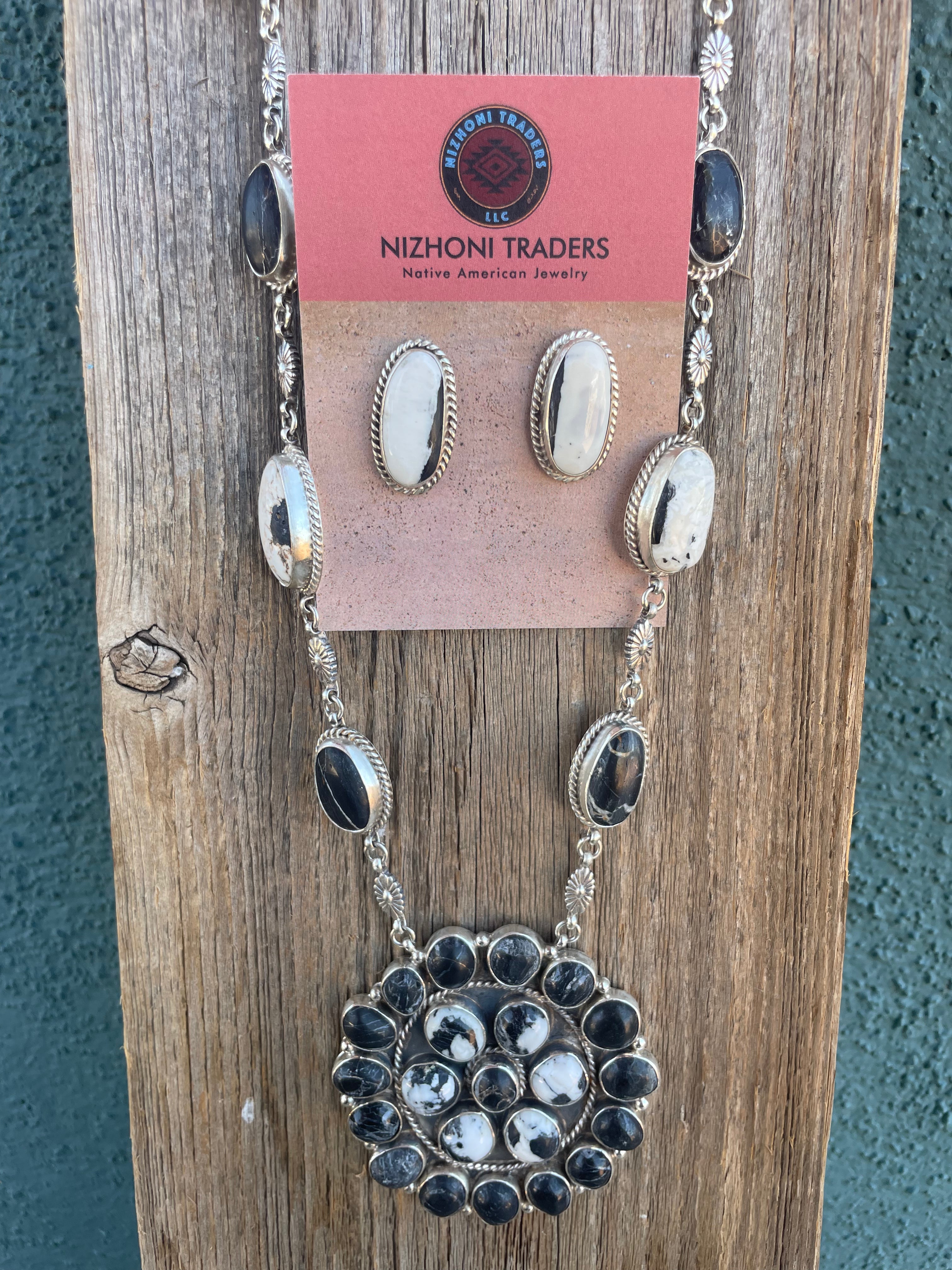 Navajo White Buffalo & Sterling Silver Necklace Earrings Set Signed