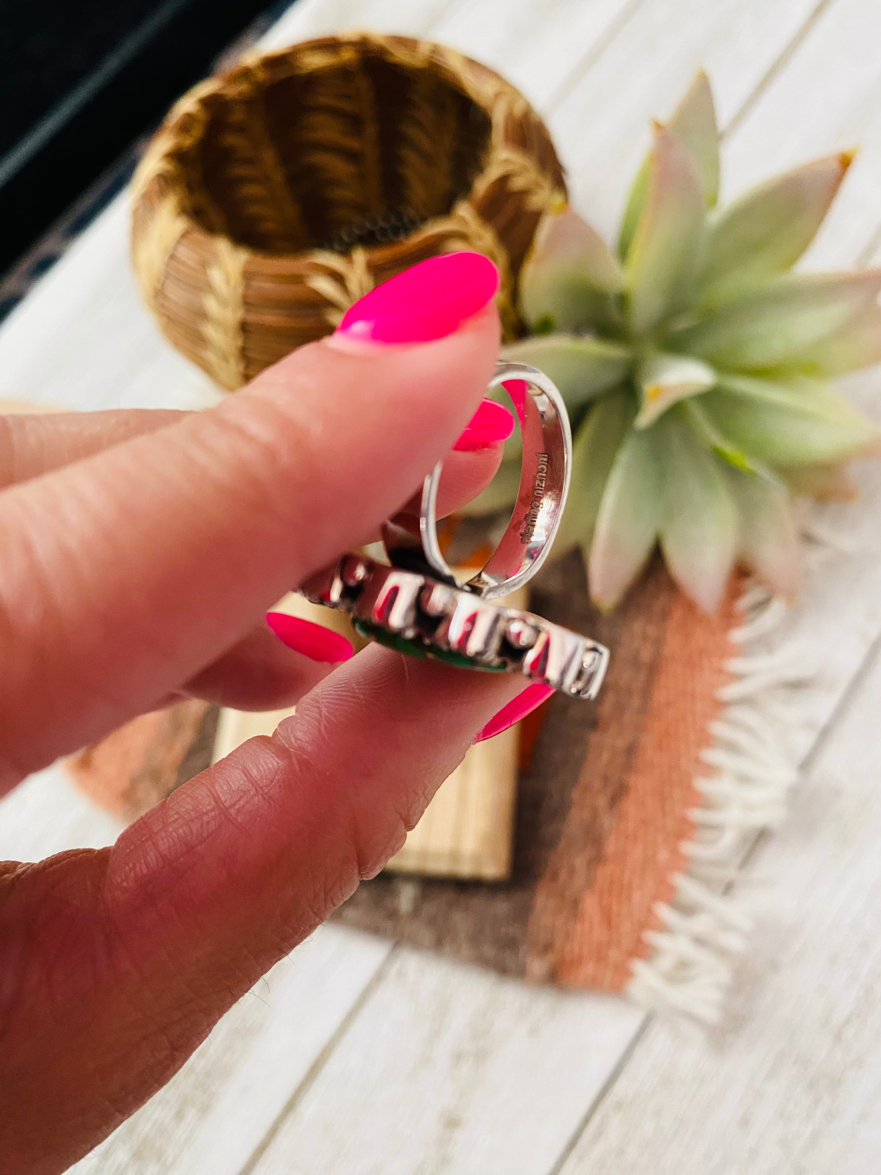 Handmade Sterling Silver, Green Mohave & Peridot Cluster Adjustable Ring