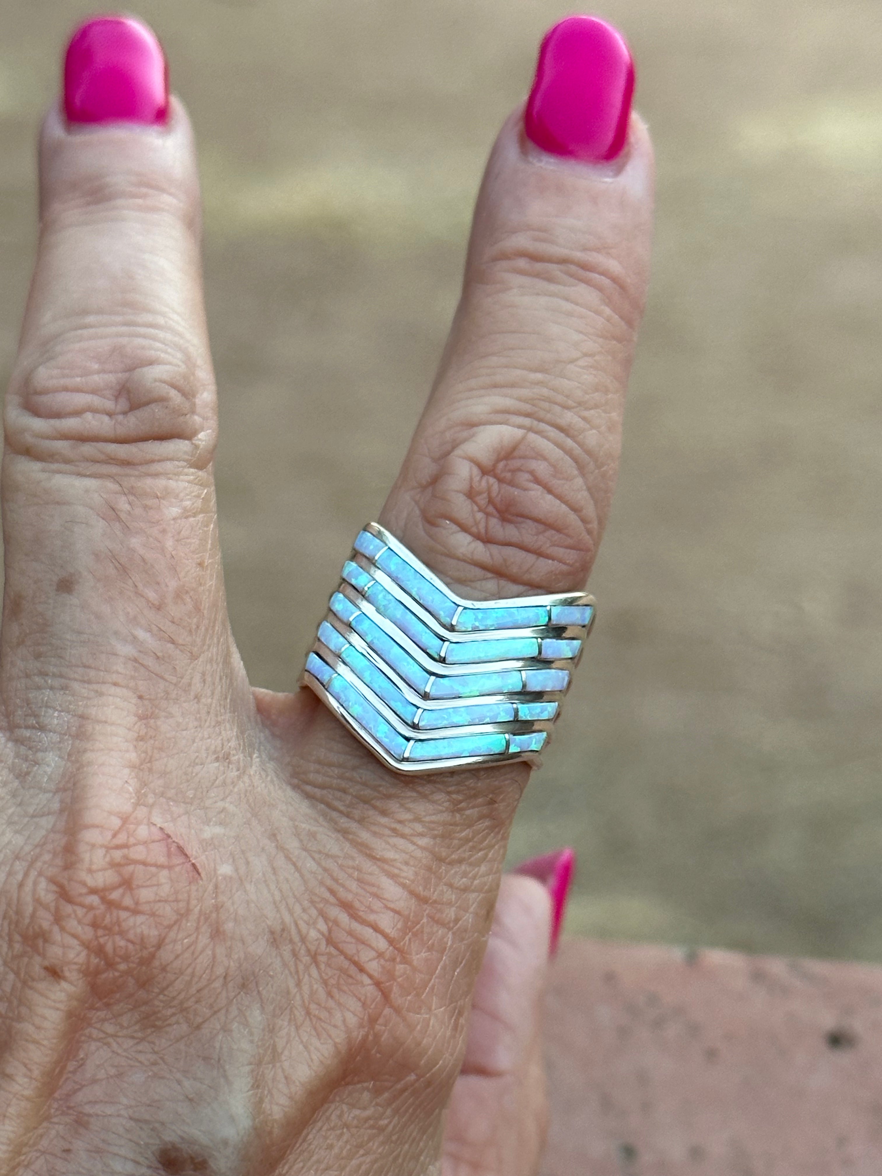 Handcrafted White Fire Opal 5 Row Rings