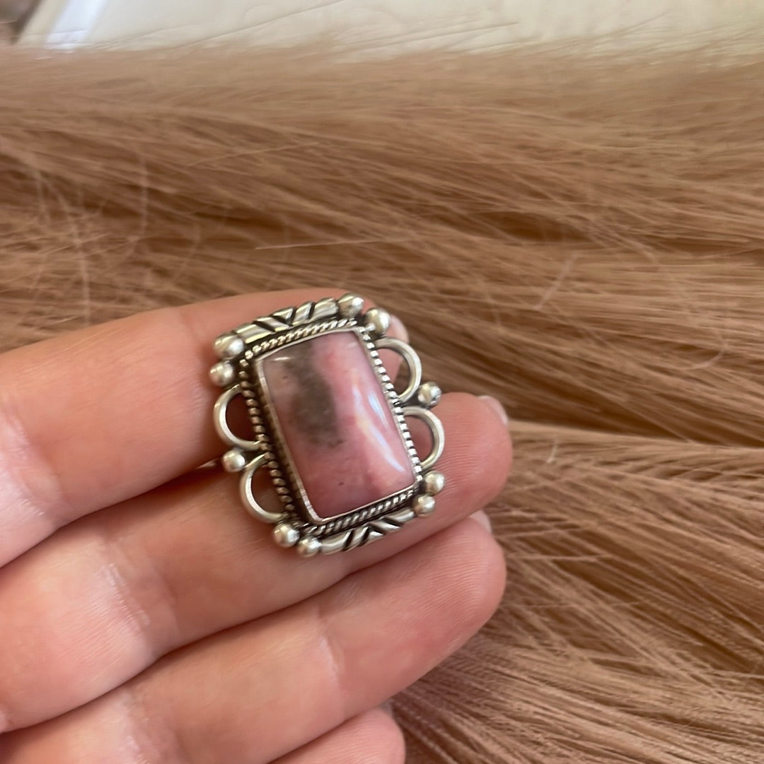 Gorgeous Navajo Pink Peruvian Opal And Sterling Silver Adjustable Ring