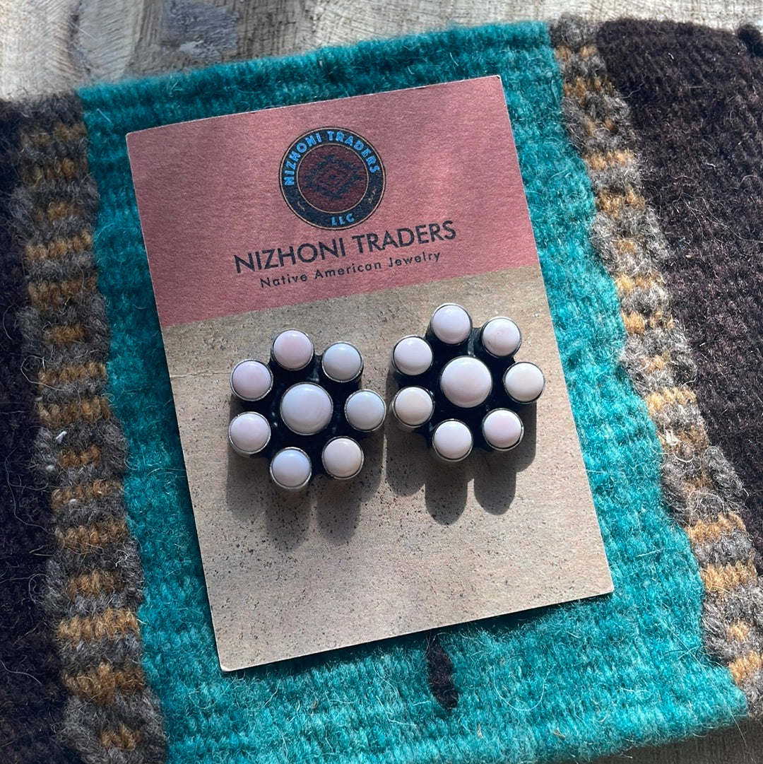 Handcrafted Pink Conch and Sterling Silver Flower Earrings Signed