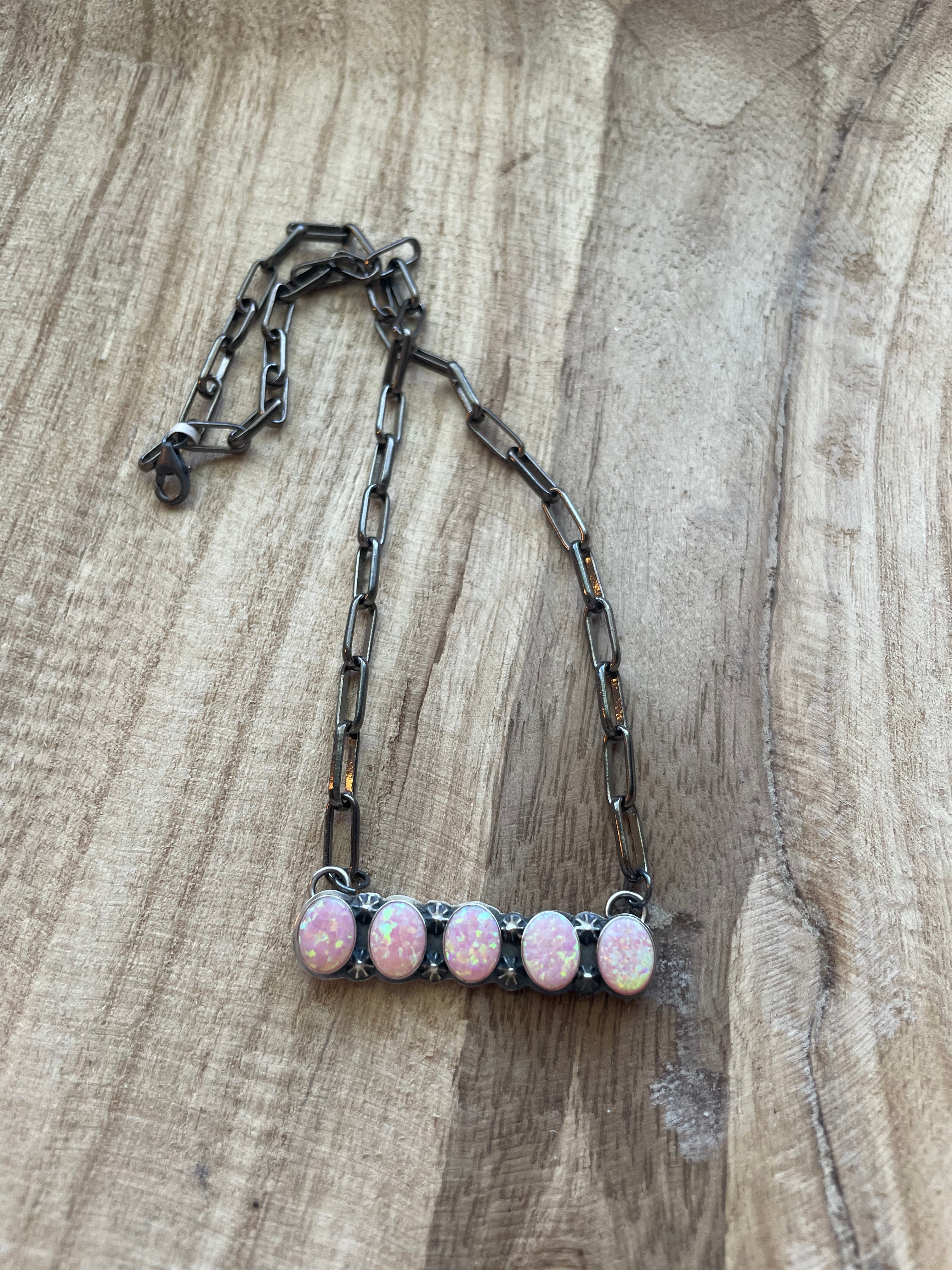 Handcrafted Sterling Silver & Pink Opal Bar Necklace 16 inch Signed