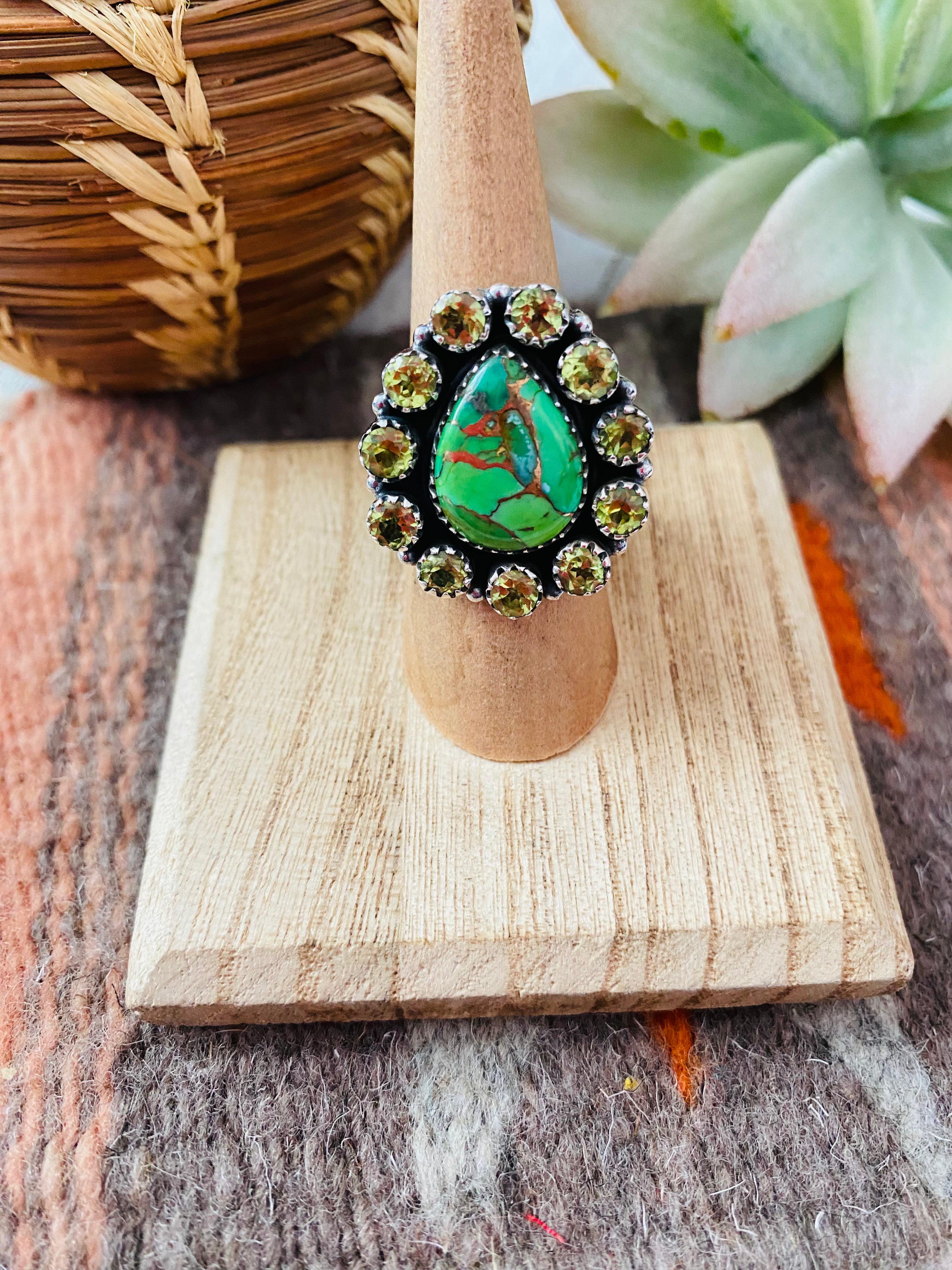 Handmade Sterling Silver, Green Mohave & Peridot Cluster Adjustable Ring