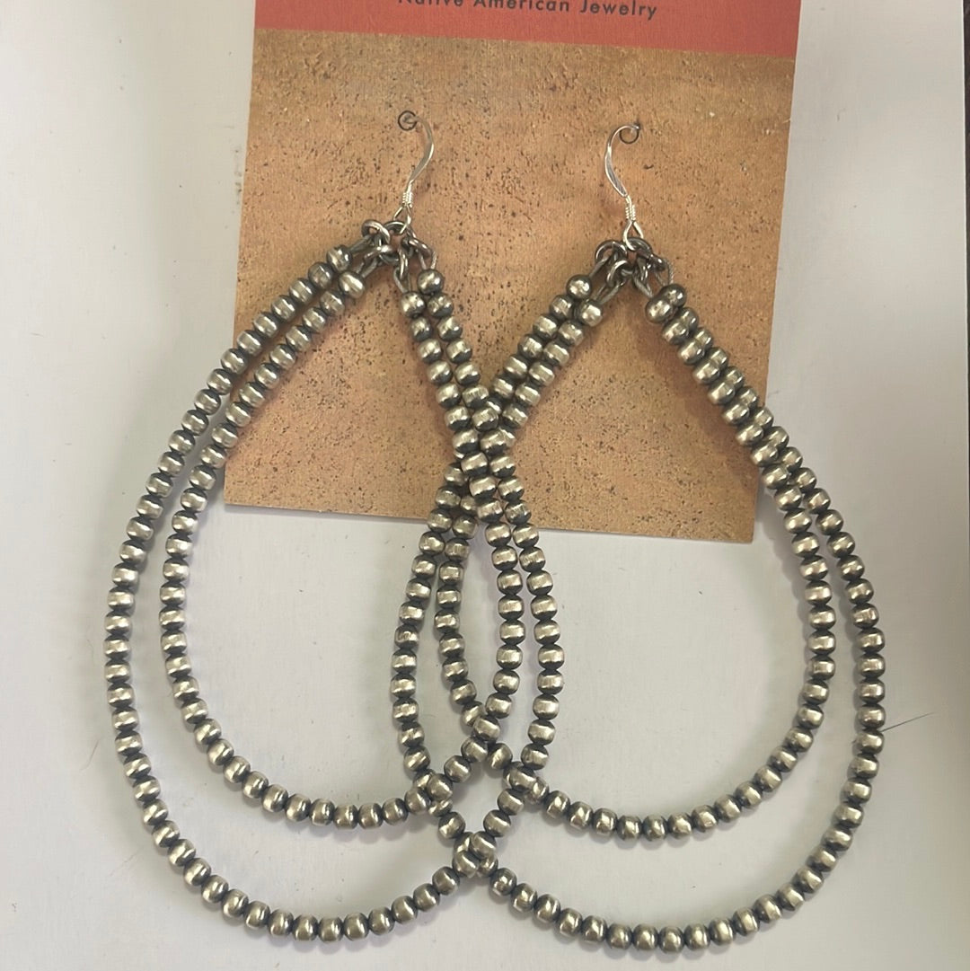 Handcrafted Pearl Style Sterling Silver Beaded 3mm Dangle Double Hoop Earrings