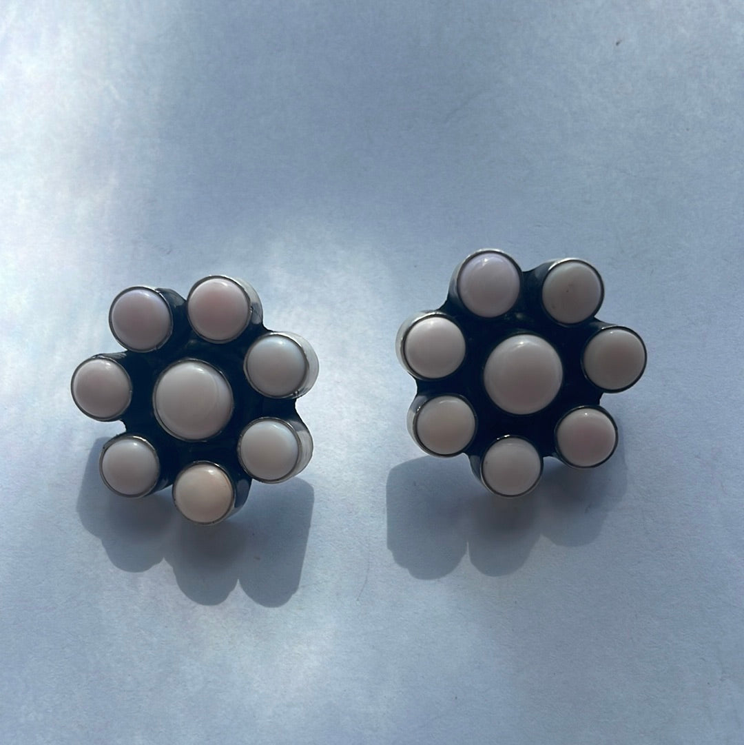 Handcrafted Pink Conch and Sterling Silver Flower Earrings Signed