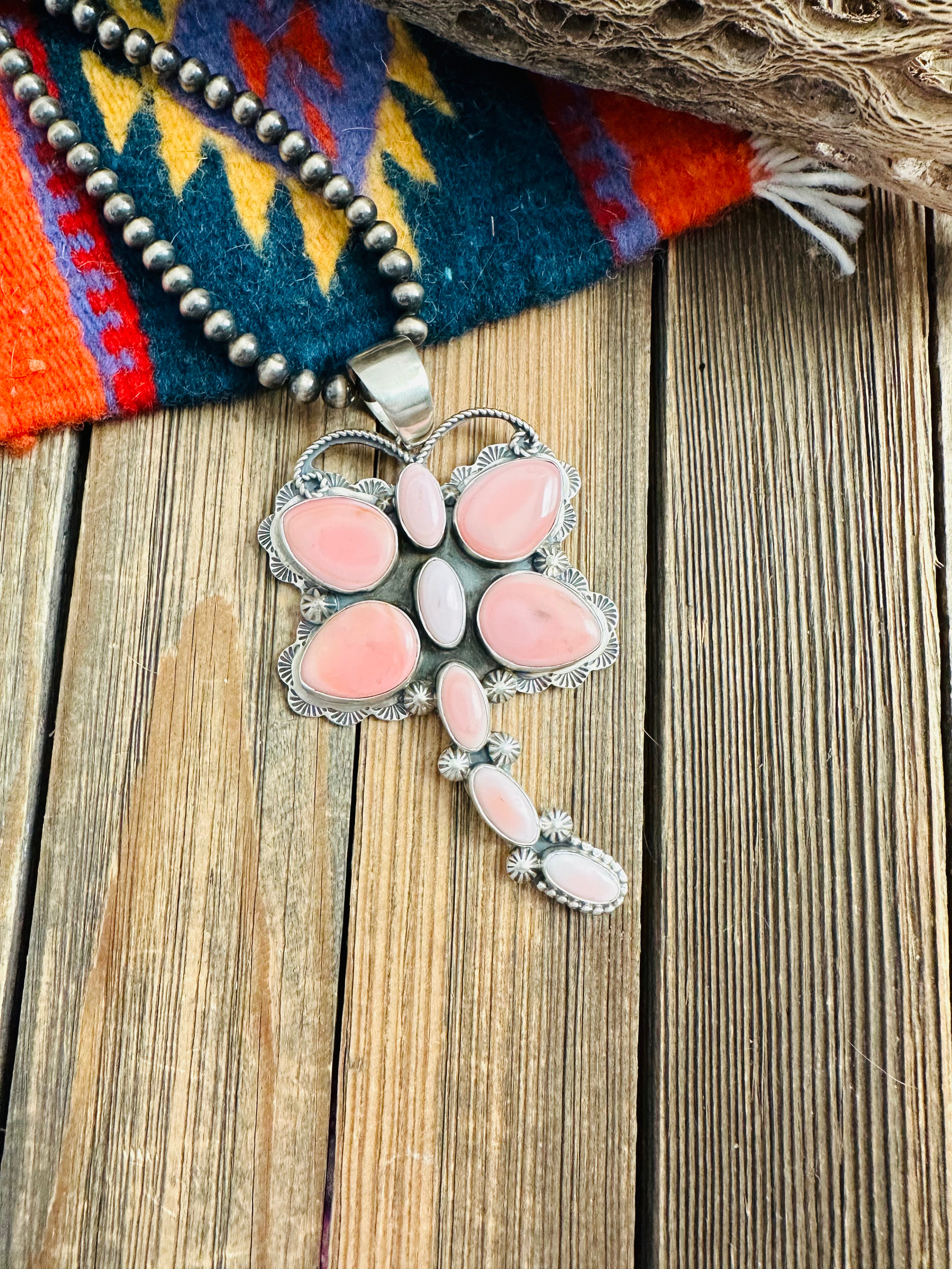 Navajo Queen Pink Conch & Sterling Silver Dragonfly Pendant By Tina Benally
