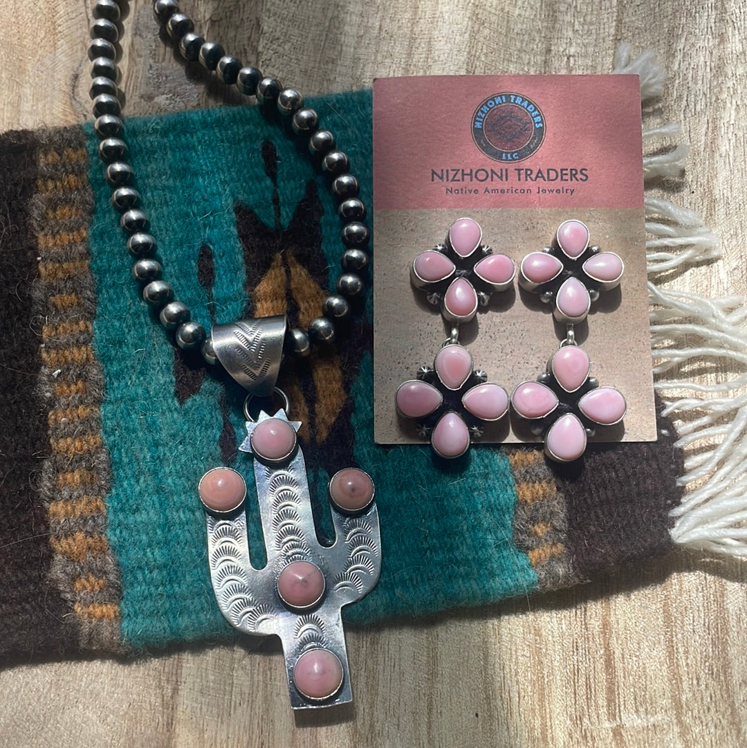 Handcrafted Sterling Silver Pink Conch Saguaro Cactus Pendant Signed