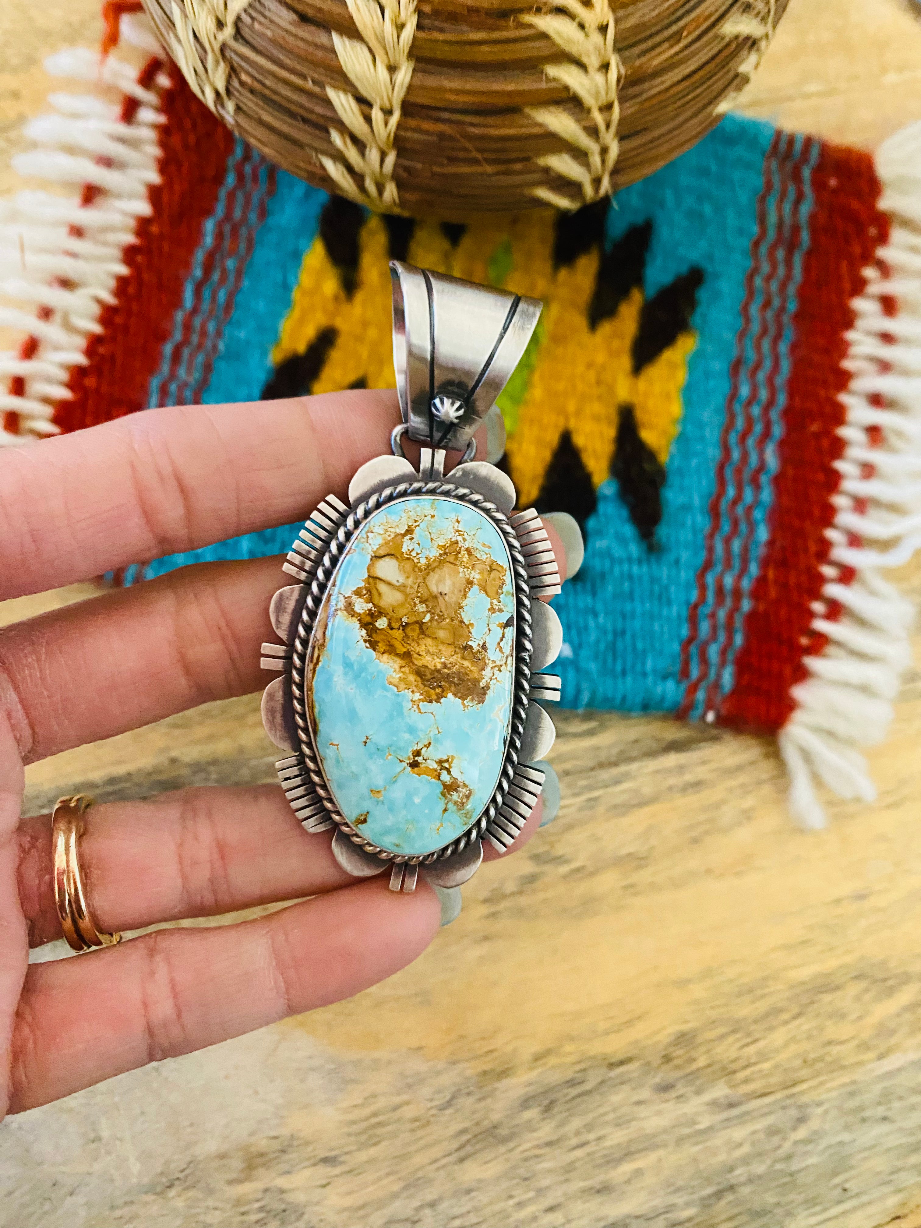 Handcrafted Royston Turquoise and Sterling Silver Pendant by Russell Sam
