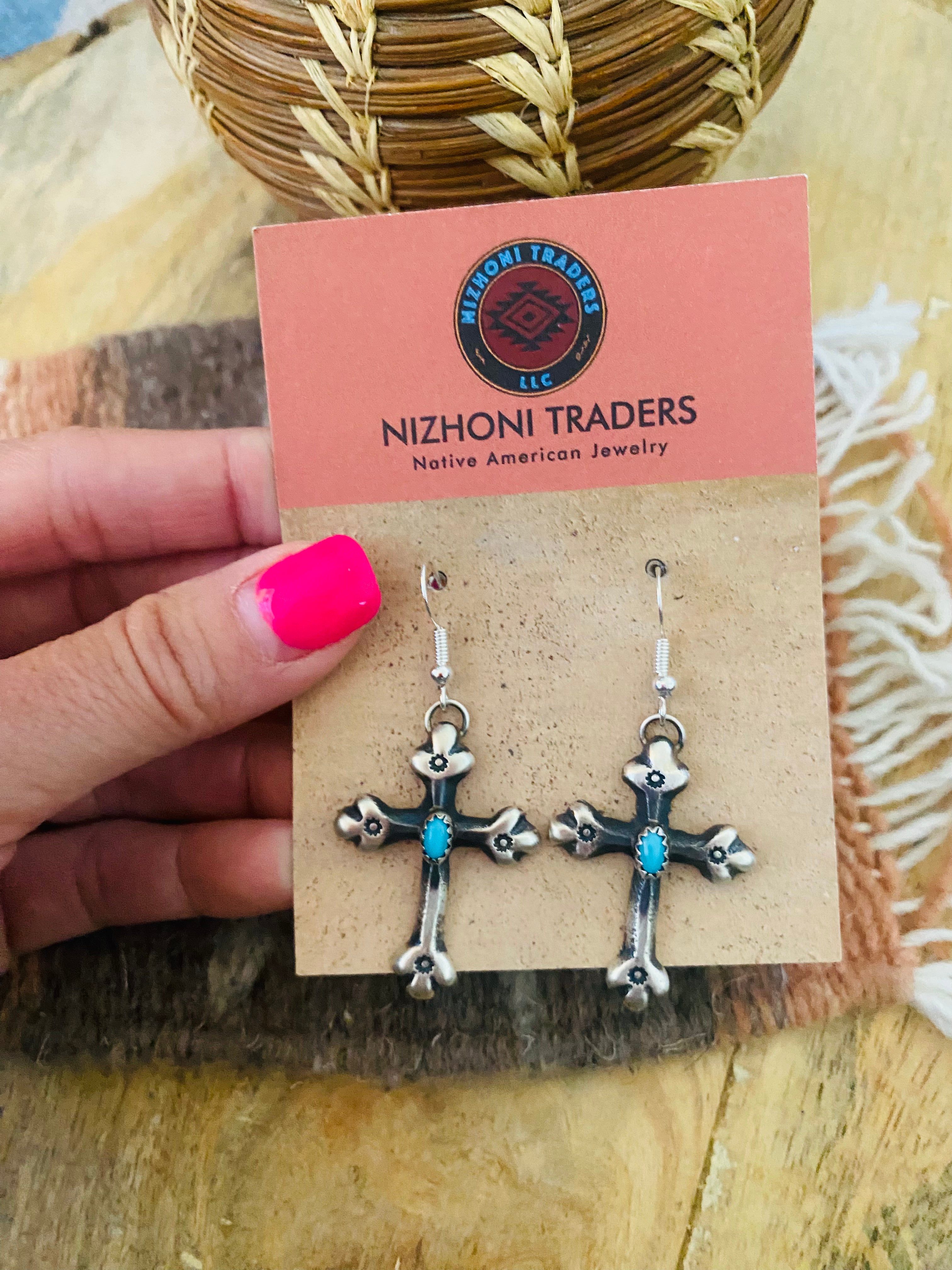 Handcrafted Sterling Silver & Turquoise Cross Dangle Earrings