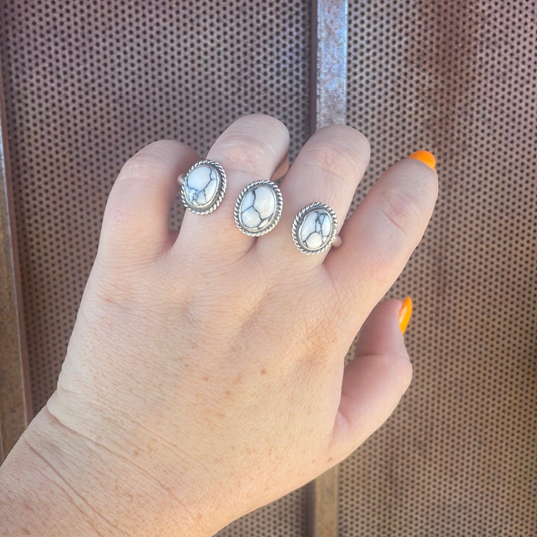 Handcrafted Sterling Silver White Buffalo Adjustable Triple Threat Ring Signed