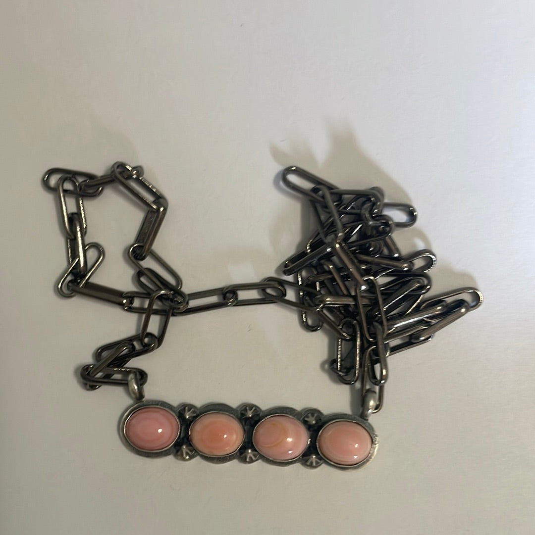 Handcrafted Queen Pink Conch Shell And Sterling Silver 4 Stone Bar Necklace Signed