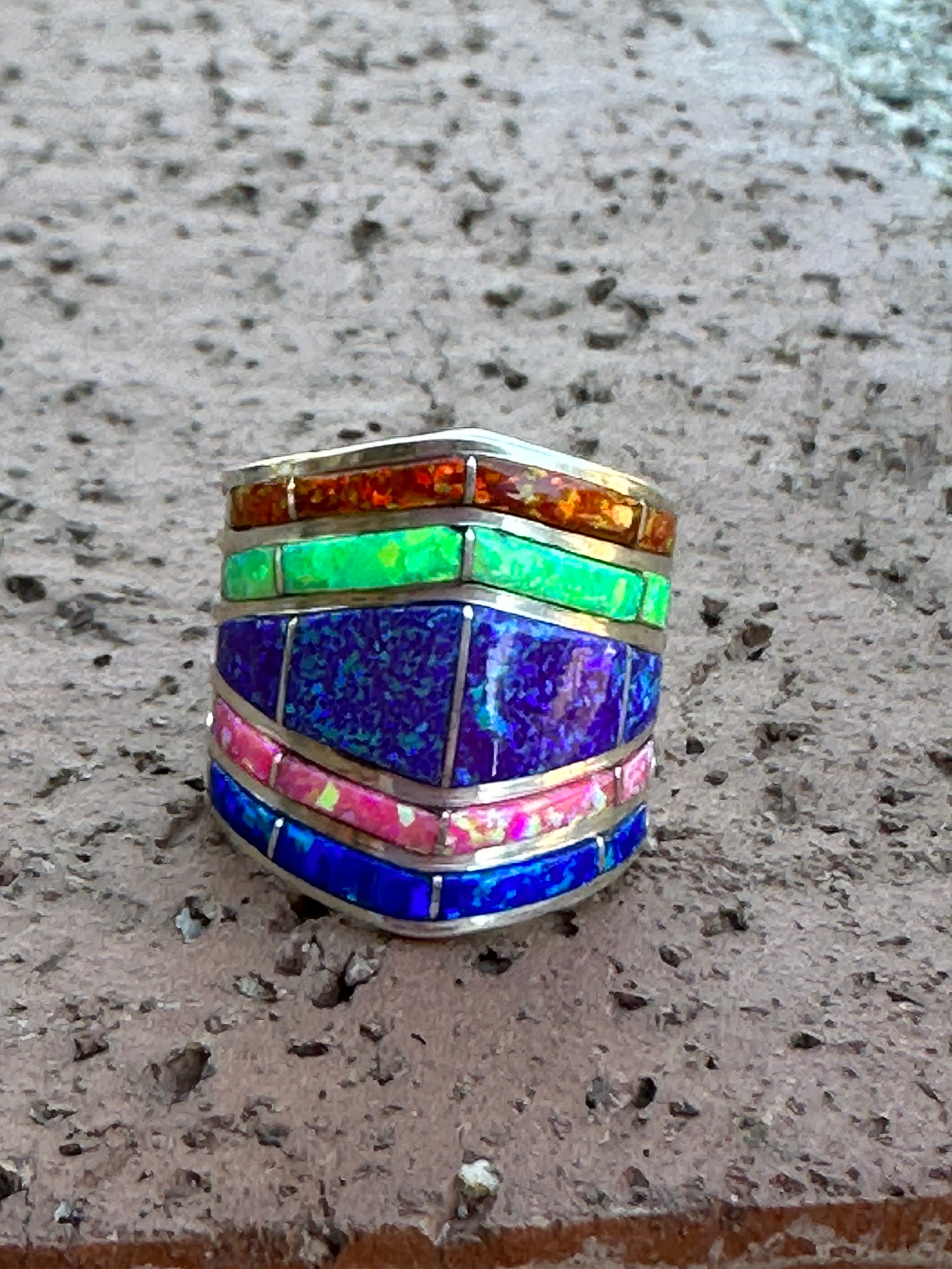 Zuni Sterling Silver Tri Color Opal Inlay Stacker Ring