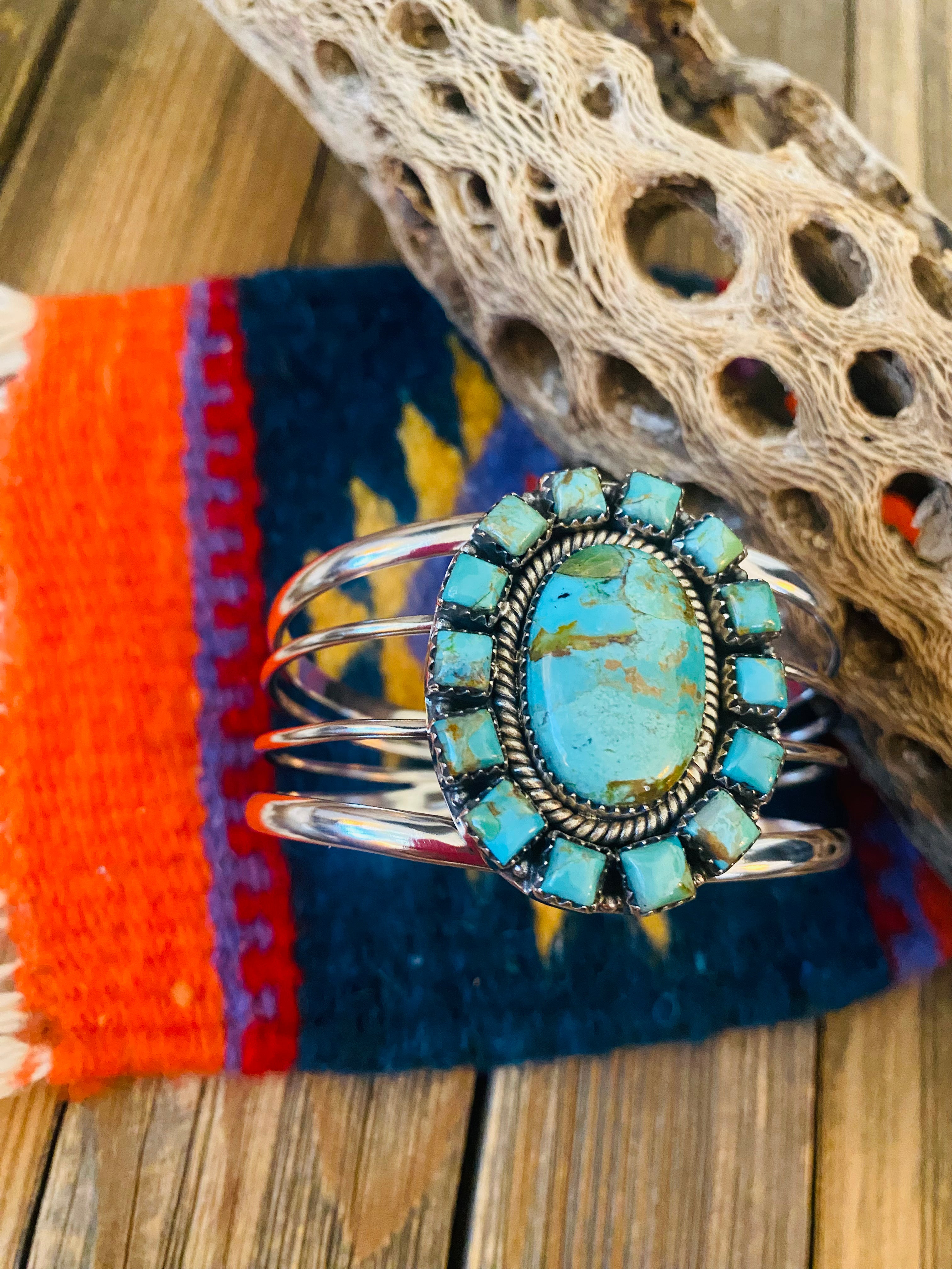 Handmade Sterling Silver & Royston Turquoise Cluster Cuff Bracelet