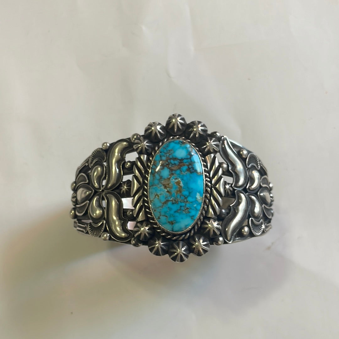 Handcrafted Turquoise & Sterling Silver Cuff Bracelet Signed Rick Werito