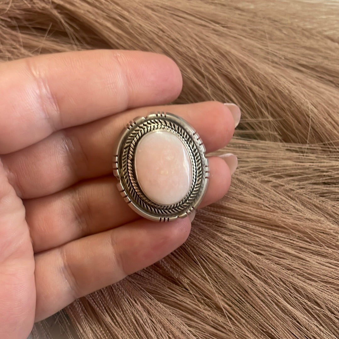 Gorgeous Navajo Pink Peruvian Opal And Sterling Silver Adjustable Ring