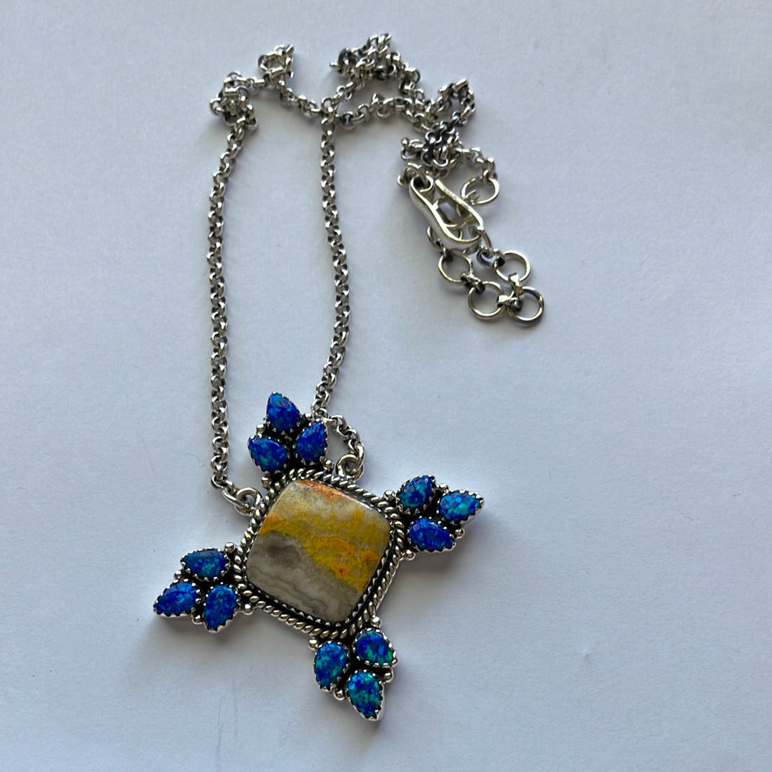 Handmade Sterling Silver, Opal, & Bumblebee Necklace Signed Nizhoni