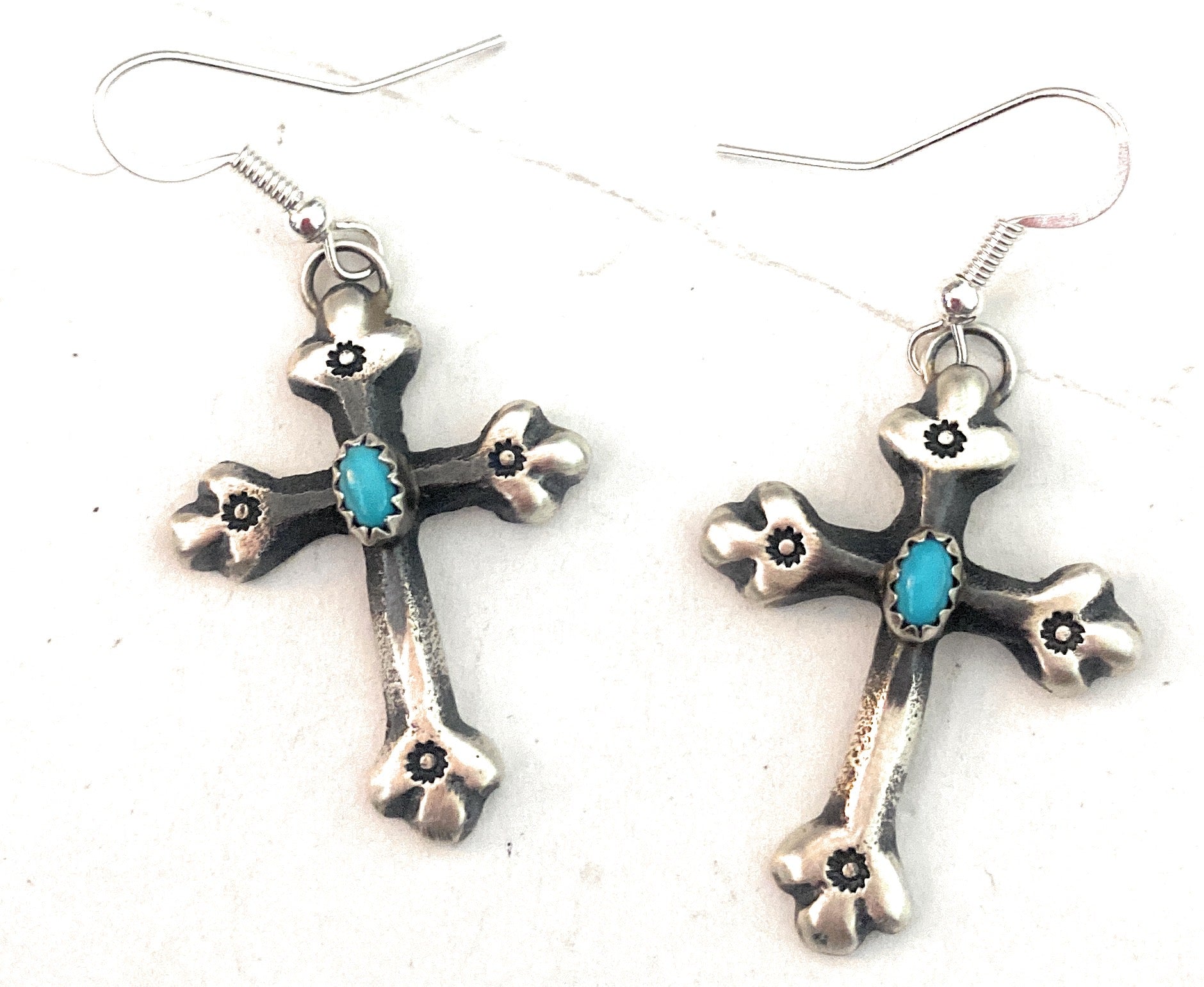 Handcrafted Sterling Silver & Turquoise Cross Dangle Earrings