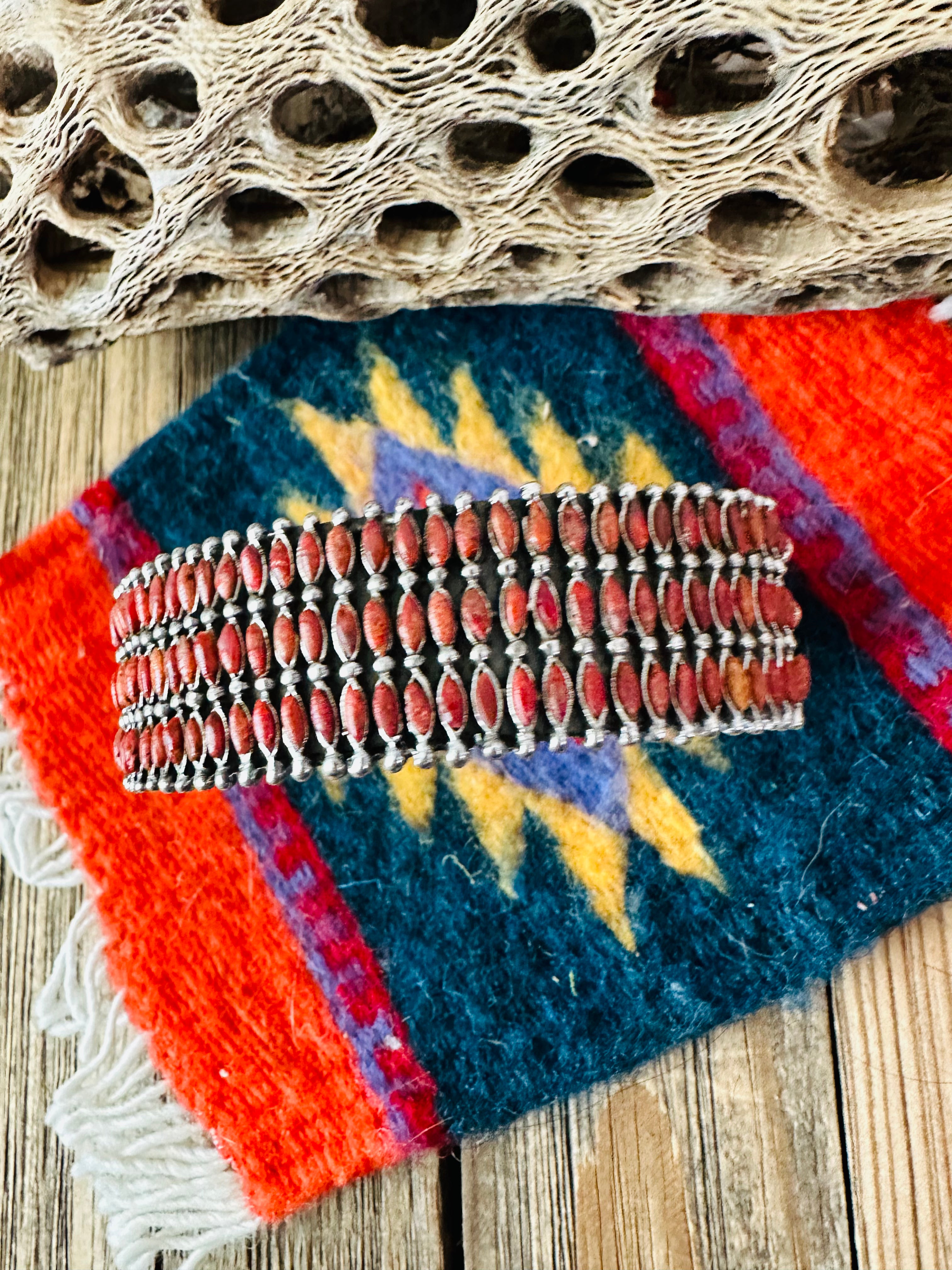 Nizhoni Handmade Sterling Silver & Coral Cuff Bracelet /