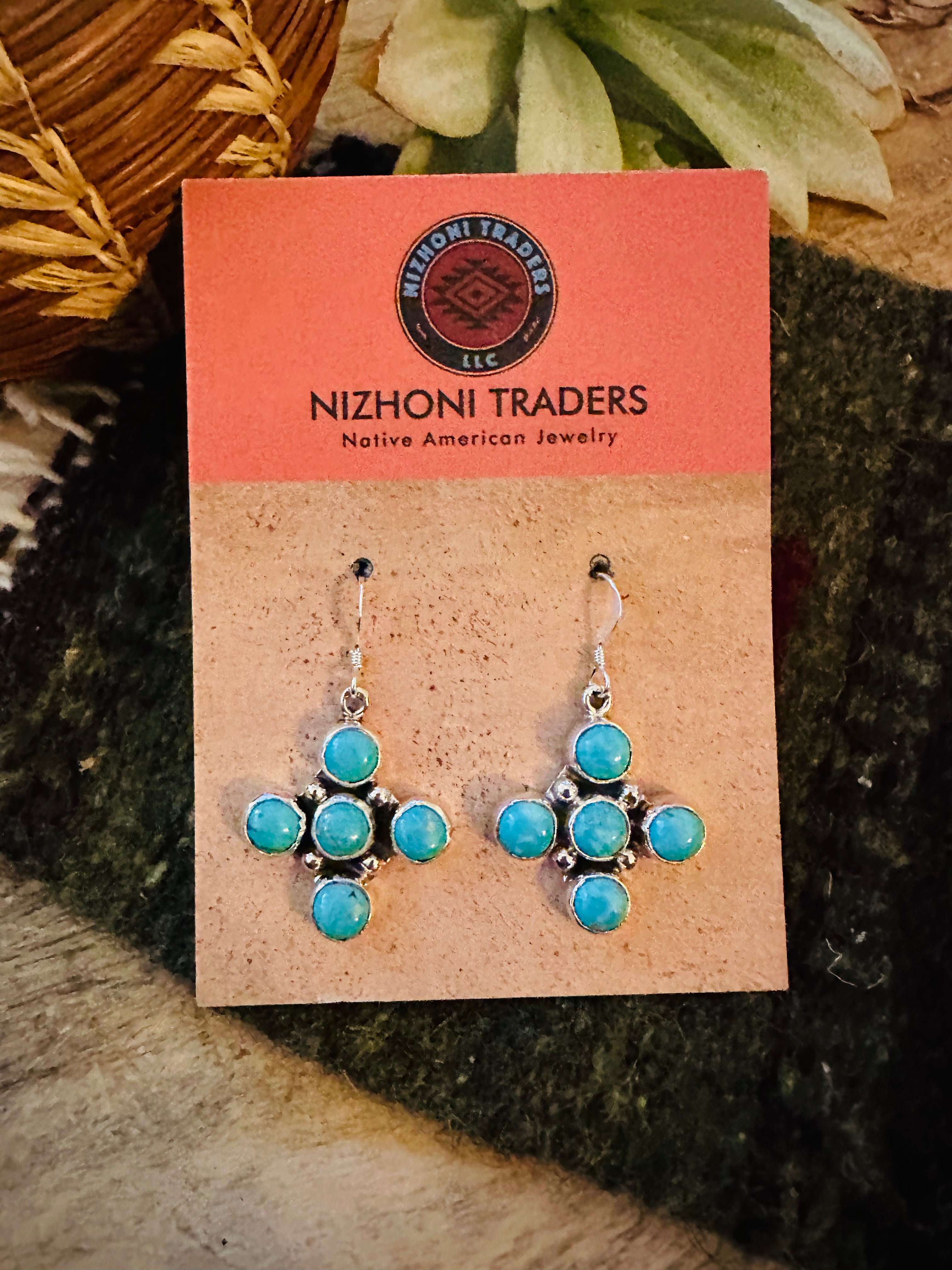 Handcrafted Sterling Silver & Turquoise Cluster Cross Dangle Earrings