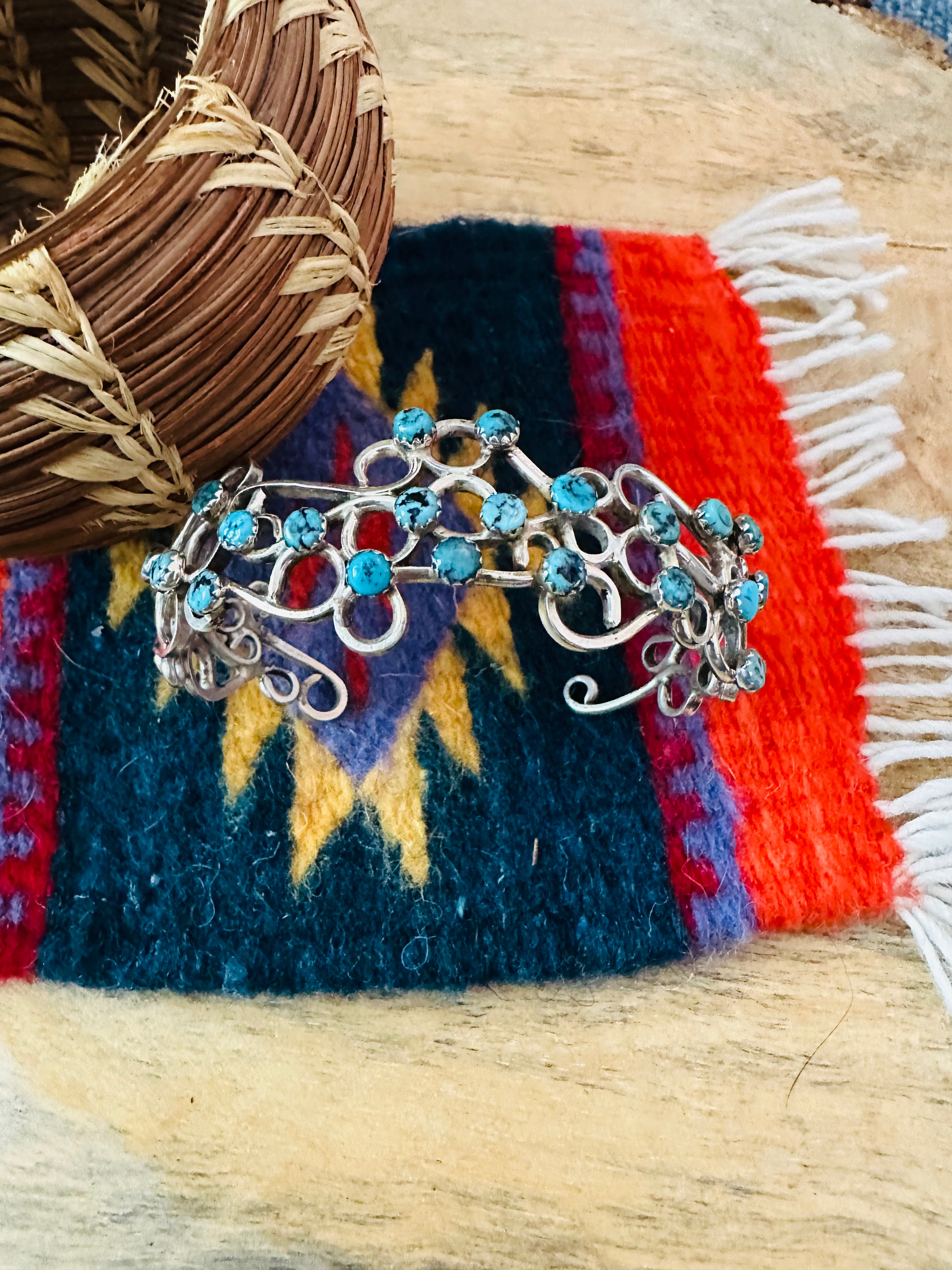 Handcrafted Turquoise & Sterling Silver Cuff Bracelet Signed /