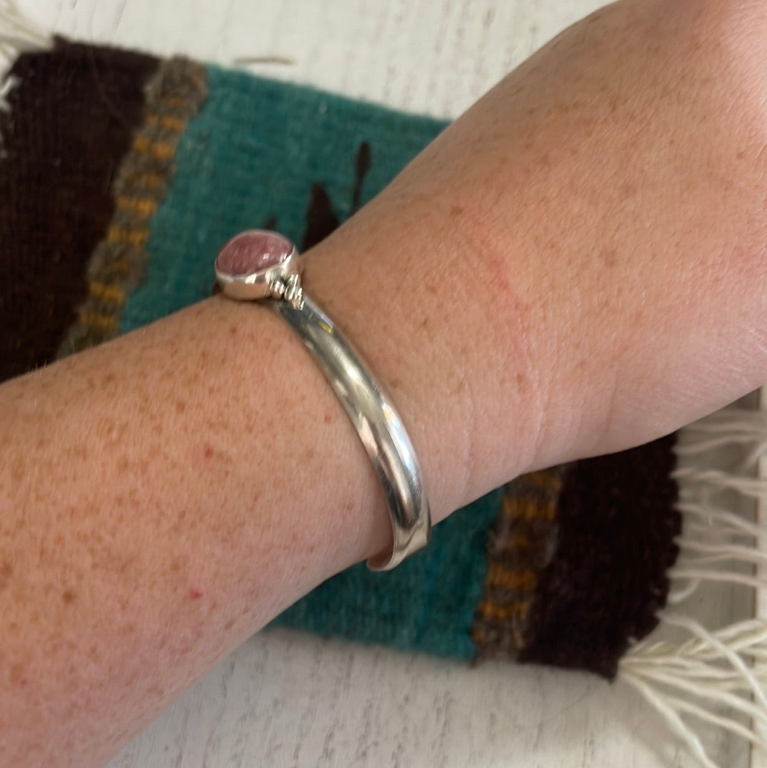 Handcrafted Sterling Silver And Rhodochrosite Adjustable Cuff Bracelet Signed T Skeets