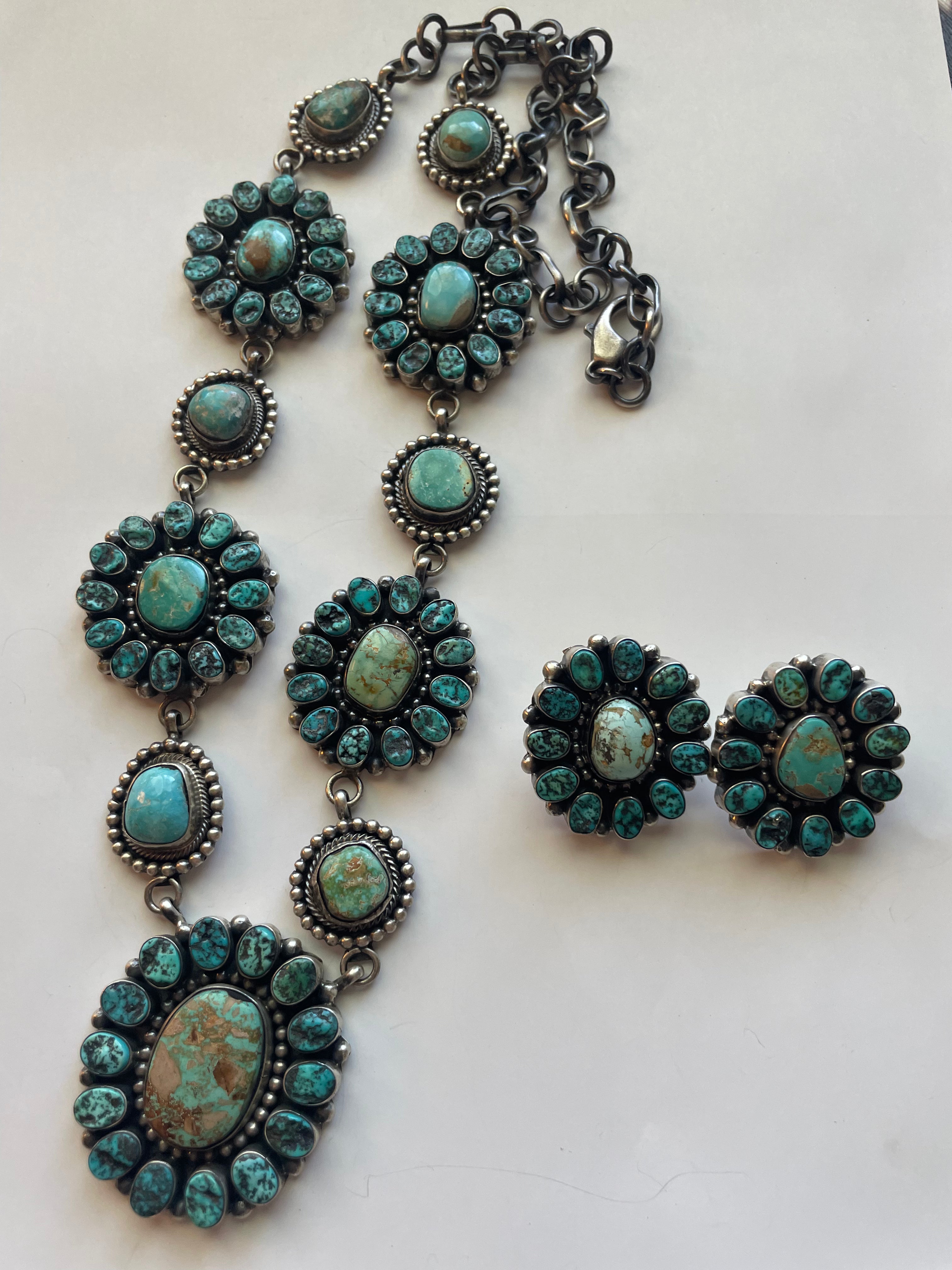 B Yellowhorse Navajo Sterling Silver Turquoise Necklace & Earring Set Signed