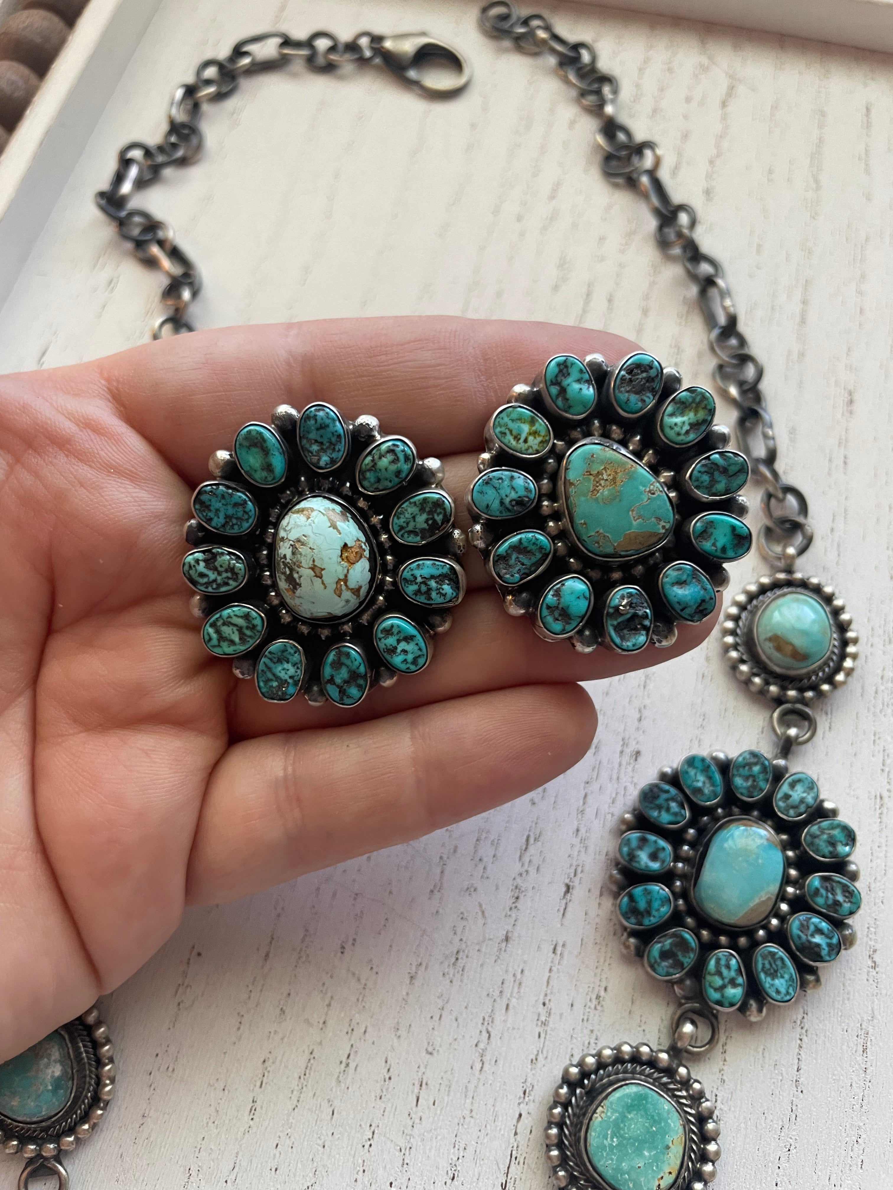 B Yellowhorse Navajo Sterling Silver Turquoise Necklace & Earring Set Signed