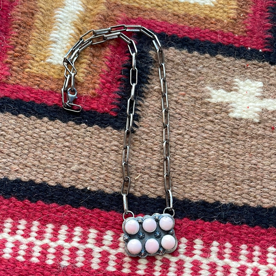 Handcrafted 6 Stone Queen Pink Conch Shell And Sterling Silver Necklace Signed